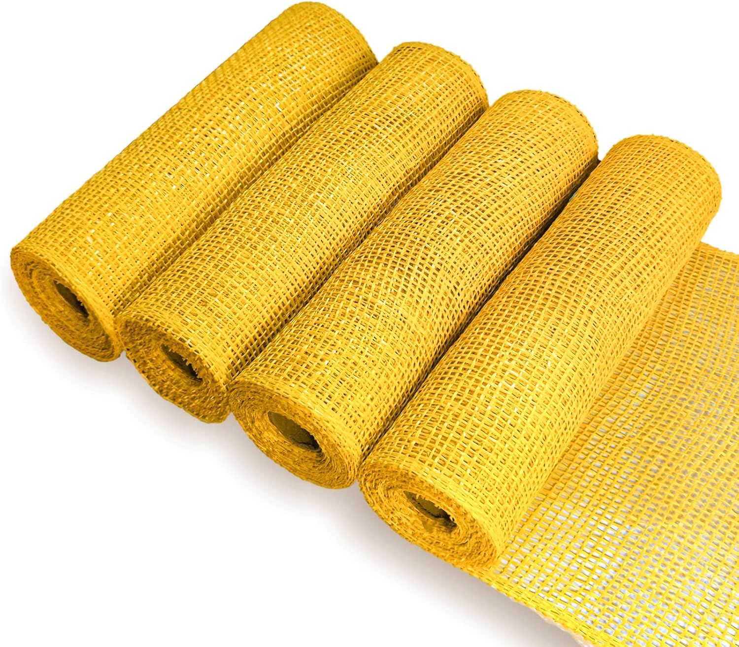 Yellow Poly Burlap Mesh 10 inches, 15 Feets Each, Yellow Poly Burlap Deco Mesh Ribbon for Wreath Supplies Party Decoration DIY Crafts Making, 4 Packs - Image 1