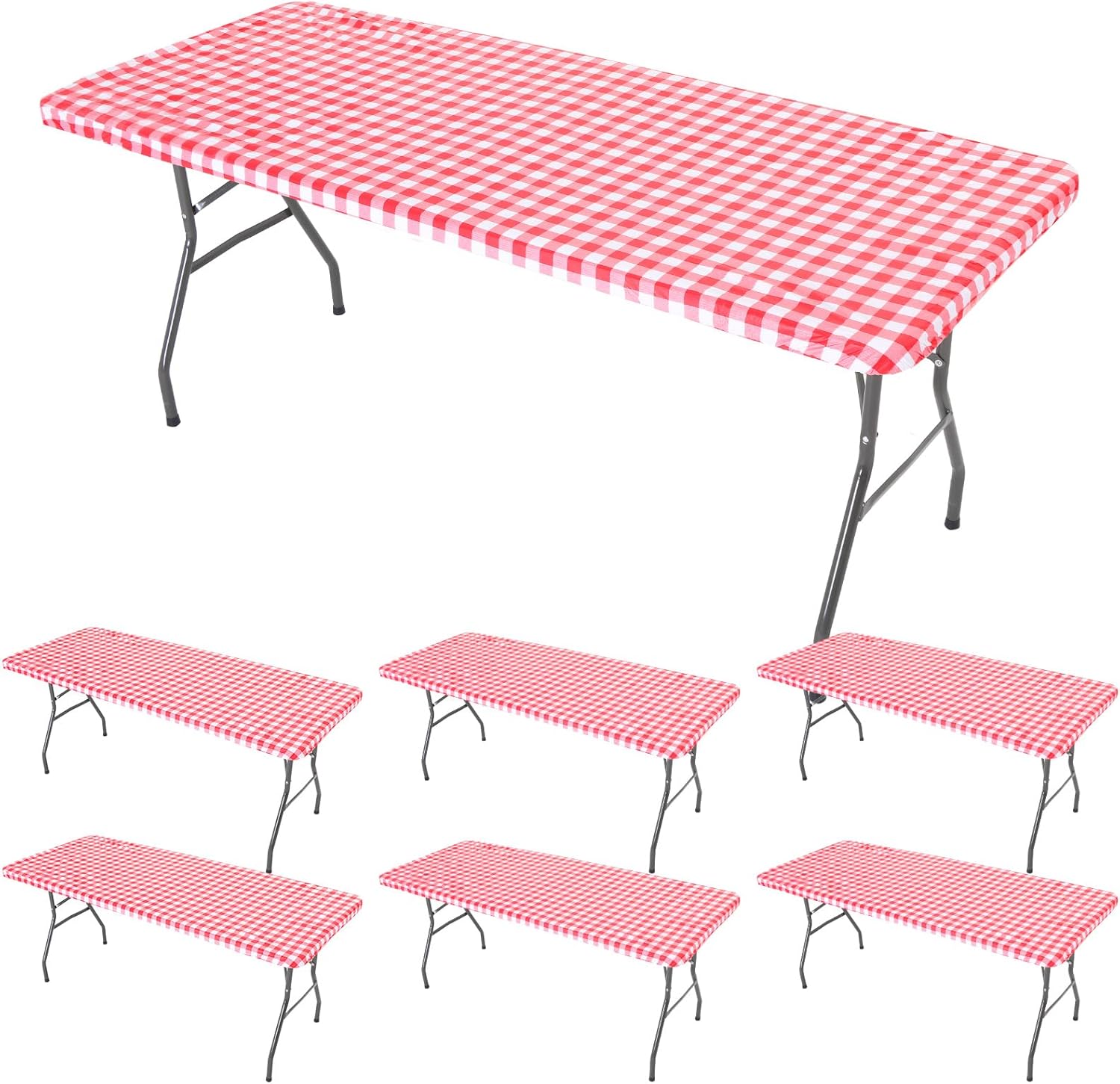 6 Pcs Tablecloth for Folding Fitted Rectangular Table Cloth 30 x 72 Inch Vinyl Waterproof Plastic Table Cover Flannel Backed with Elastic Rim for Indoor Outdoor Picnic Party (Red and White Grid) - Image 1