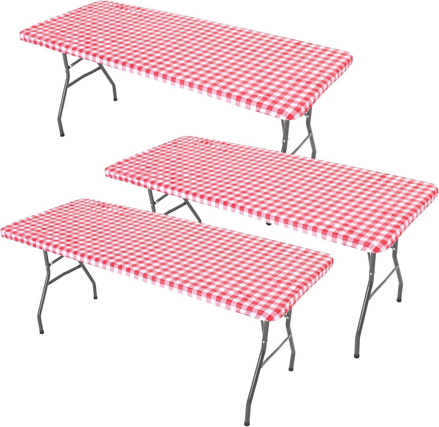 3 Pcs Plastic Picnic Table Cover Checkered Tablecloth Fitted Rectangular Table Cloth 30 x 72 Inch Vinyl Waterproof Flannel Backed with Elastic Rim for Indoor Outdoor Picnic Party - Image 1