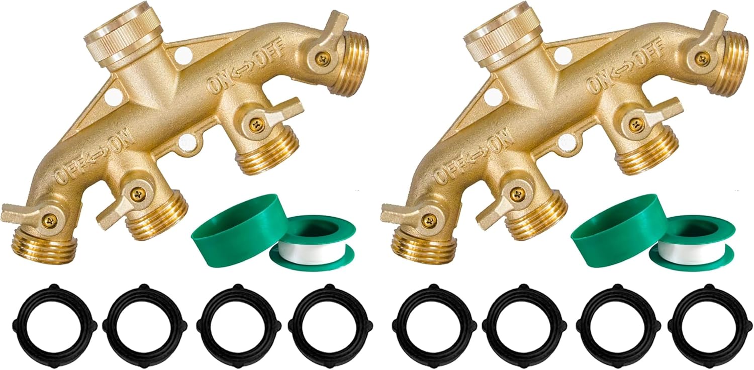 Brass Garden Hose Splitter (4 Way), Solid Brass Hose Connector 3/4