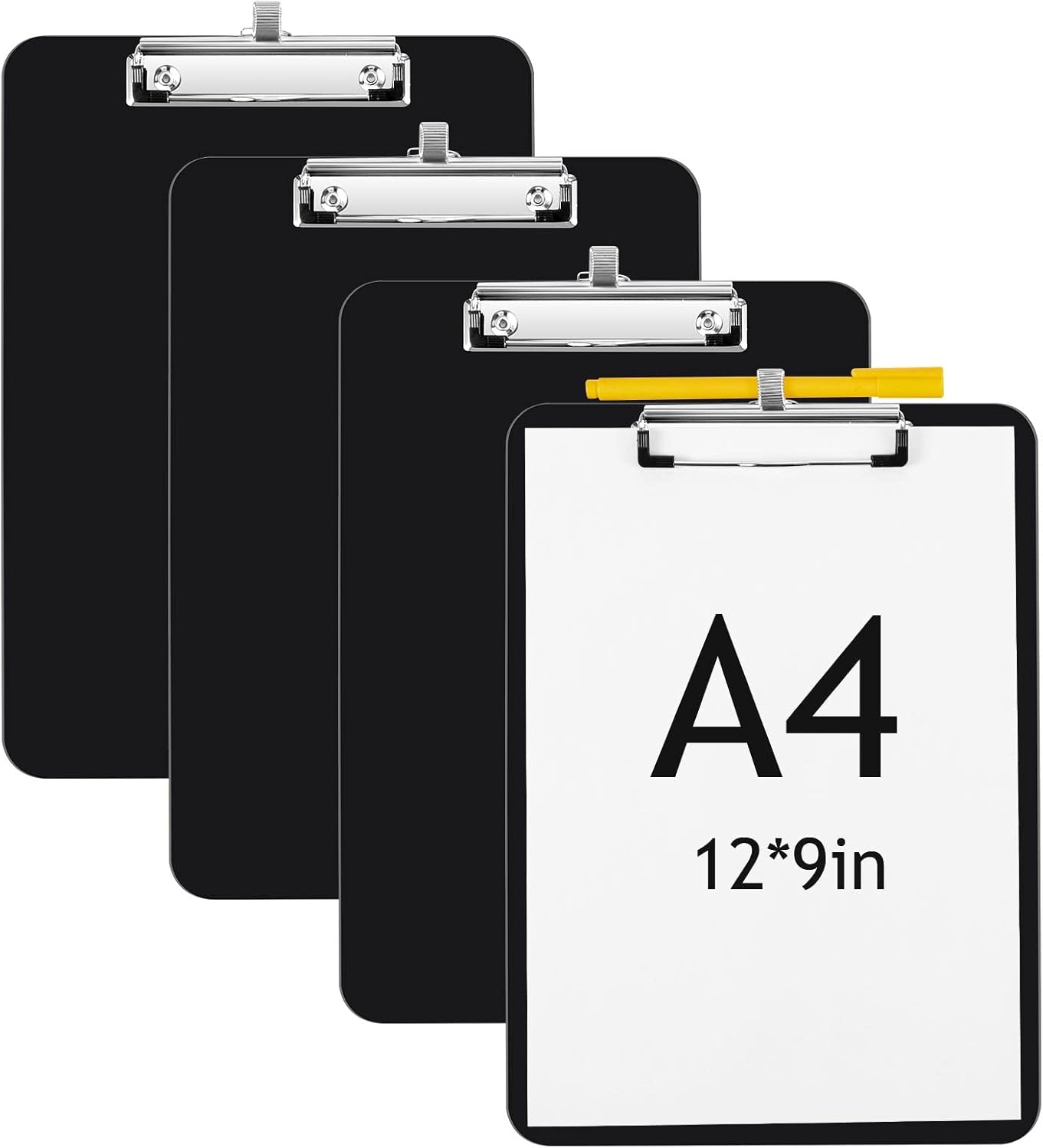 4 Pcs Black Clipboards with Pen Holder 12 x 9 Inch with Profile Clip Standard A4 Letter Size Holds 100 Sheets Plastic Board with Metal Clip and Pen Holder for School Students Office Work - Image 1