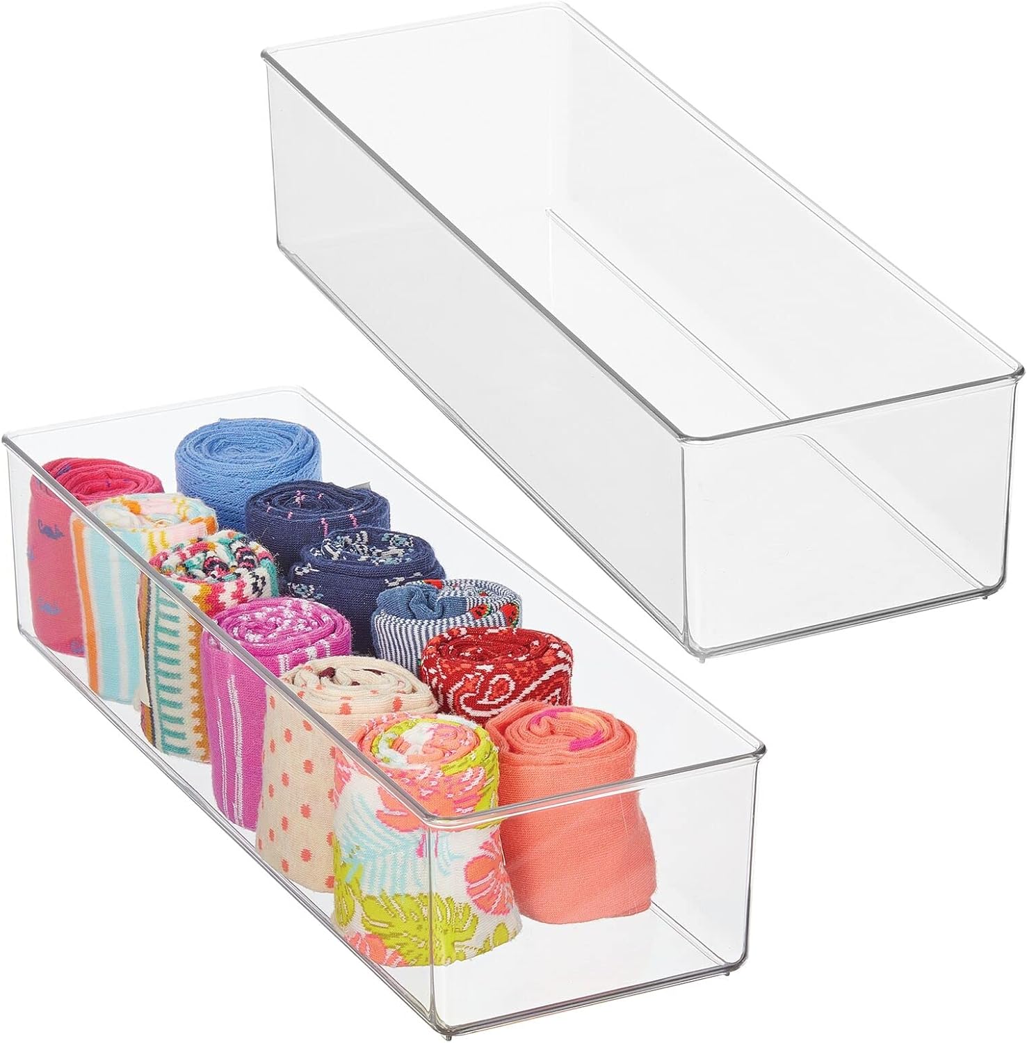 Plastic Drawer Organizer Box, Long Storage Organizer Bin Container; For Closets, Bedrooms, Use for Leggings, Socks, Ties, Jewelry, Accessories - Lumiere Collection - 2 Pack - Clear - Image 1