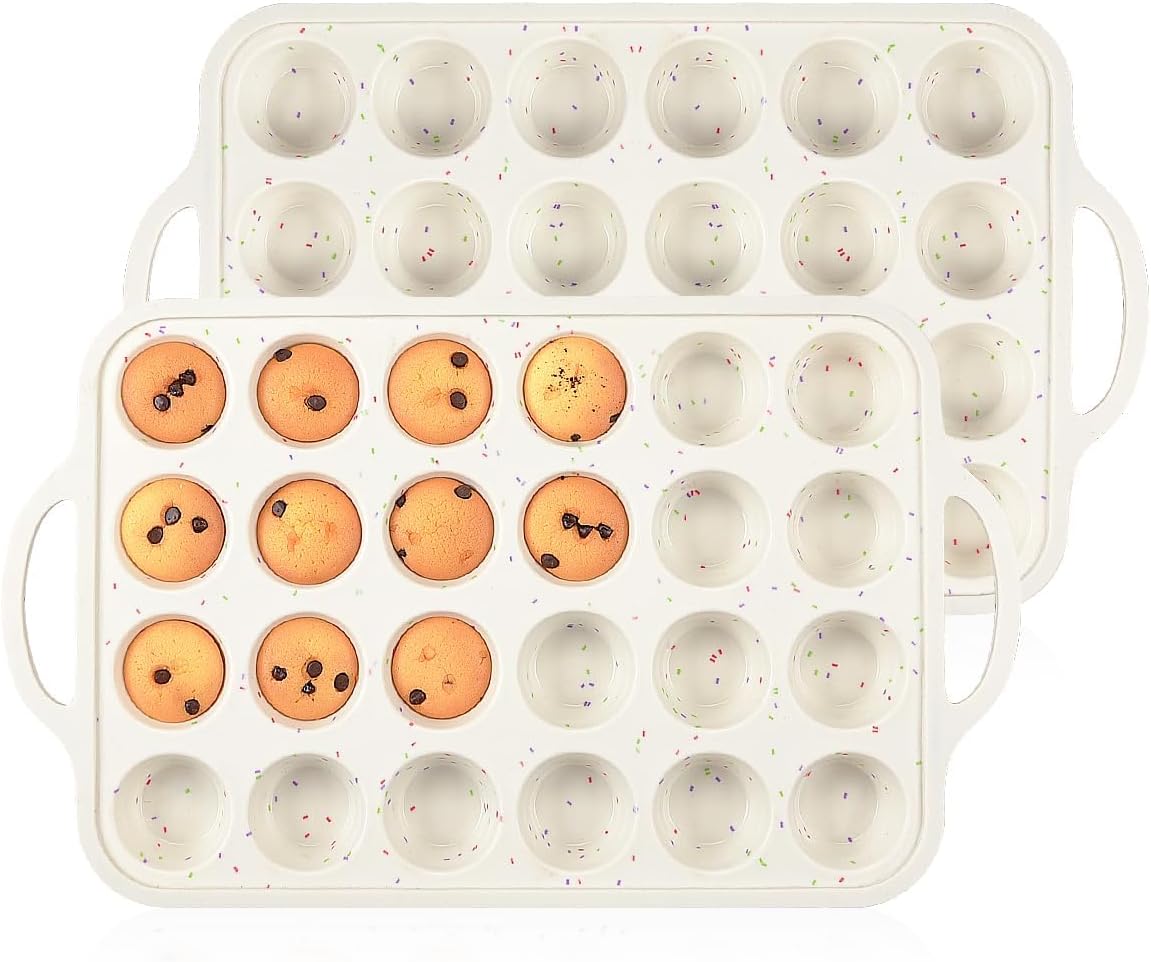 Mini Muffin Pan, Metal Reinforced Frame Mini Cupcake Pans 24 Cups Nonstick Muffin Silicone Molds with Handle for Baking Muffins, Cupcakes, Egg Bites 2 Pack - Image 1