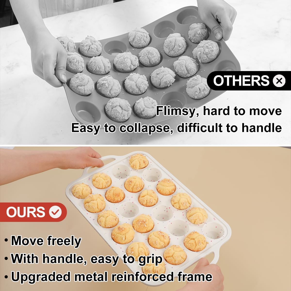 Mini Muffin Pan, Metal Reinforced Frame Mini Cupcake Pans 24 Cups Nonstick Muffin Silicone Molds with Handle for Baking Muffins, Cupcakes, Egg Bites 2 Pack - Image 4
