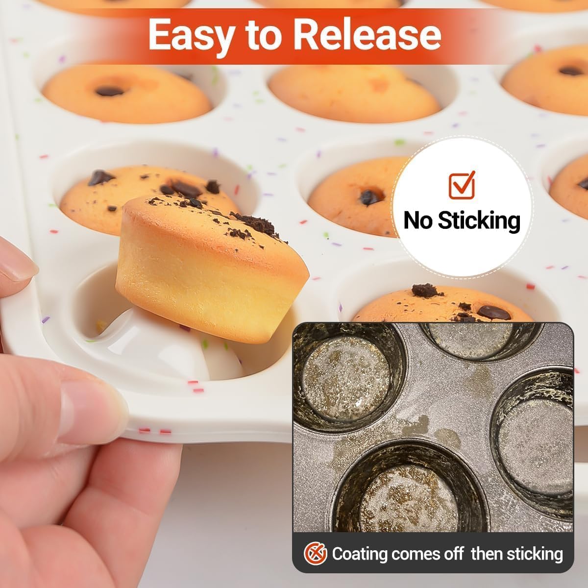 Mini Muffin Pan, Metal Reinforced Frame Mini Cupcake Pans 24 Cups Nonstick Muffin Silicone Molds with Handle for Baking Muffins, Cupcakes, Egg Bites 2 Pack - Image 5
