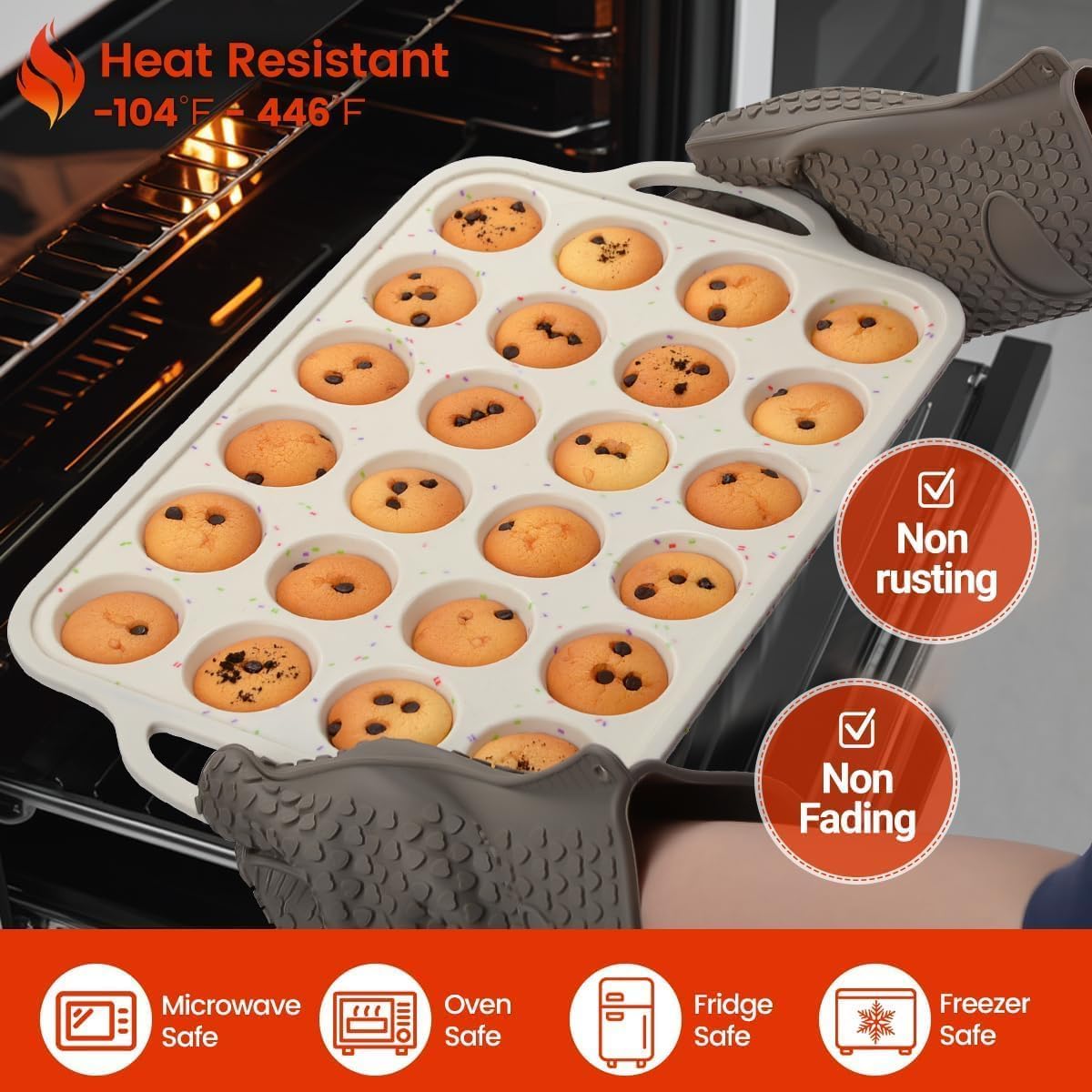 Mini Muffin Pan, Metal Reinforced Frame Mini Cupcake Pans 24 Cups Nonstick Muffin Silicone Molds with Handle for Baking Muffins, Cupcakes, Egg Bites 2 Pack - Image 8