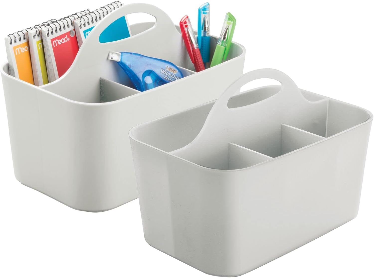 Plastic Small Office Storage Organizer Utility Tote Caddy with Handle for Cabinets, Desks, Workspaces - Holds Desktop Office Supplies, Pencils, Staplers Lumiere Collection, 2 Pack, Light Gray - Image 1