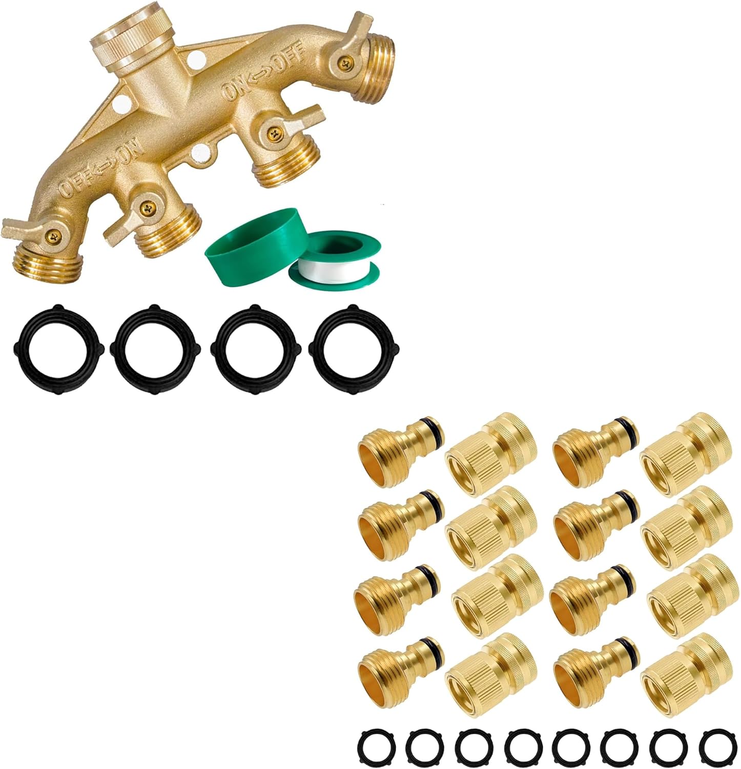 Brass Garden Hose Splitter (4 Way) + Garden Hose Quick Connector - Image 1