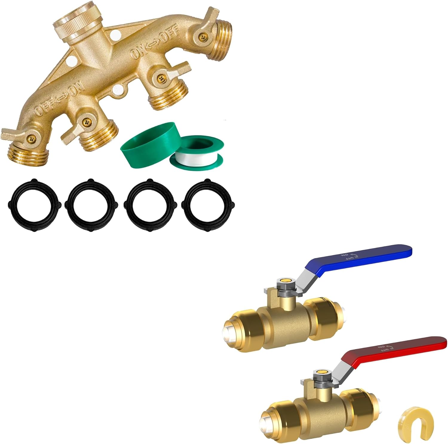 Brass Garden Hose Splitter (4 Way) + 1/2 Inch Push-Fit Full Port Ball Valve - Image 1