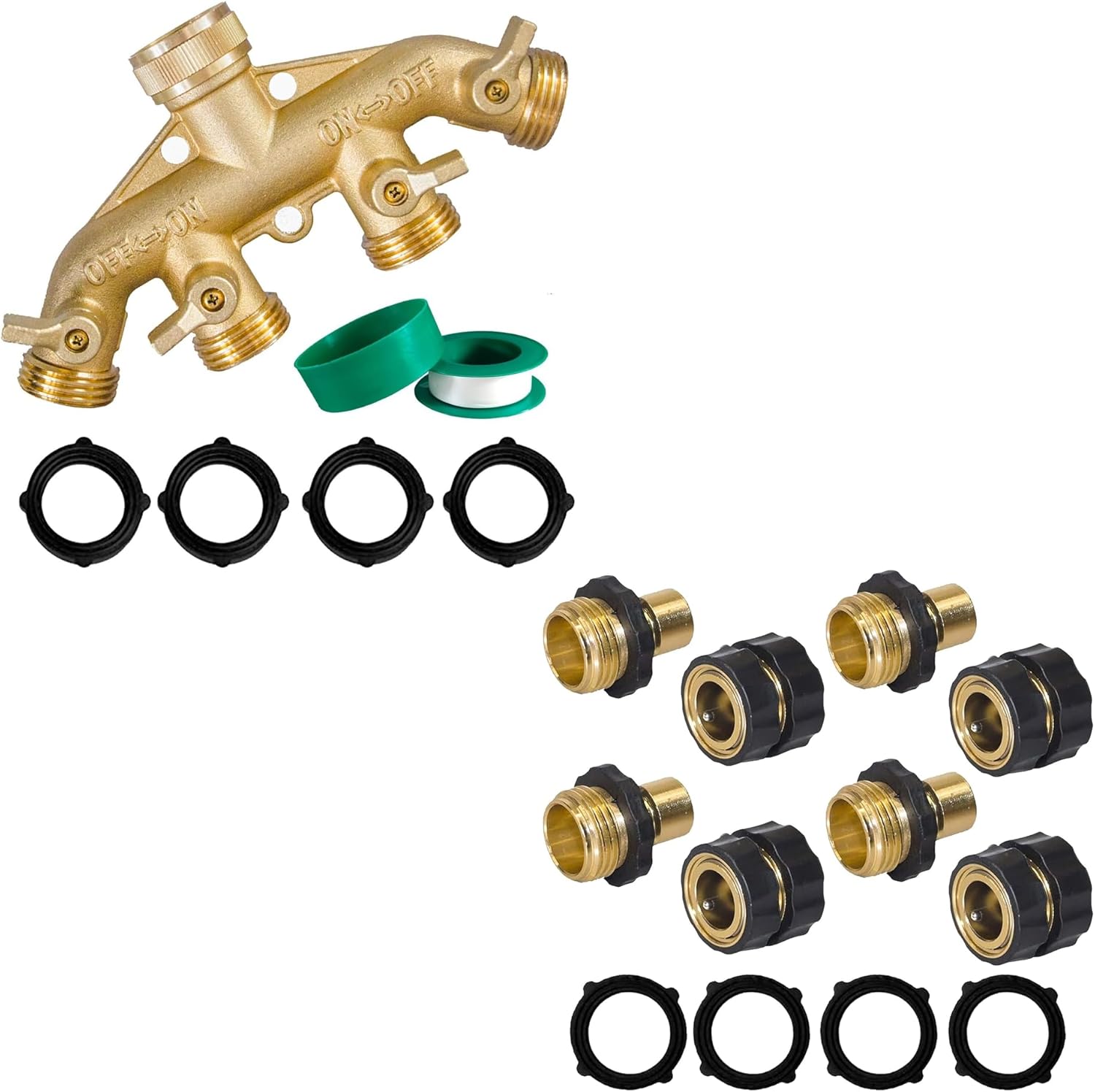 Brass Garden Hose Splitter (4 Way) + Garden Hose Quick Connector - Image 1
