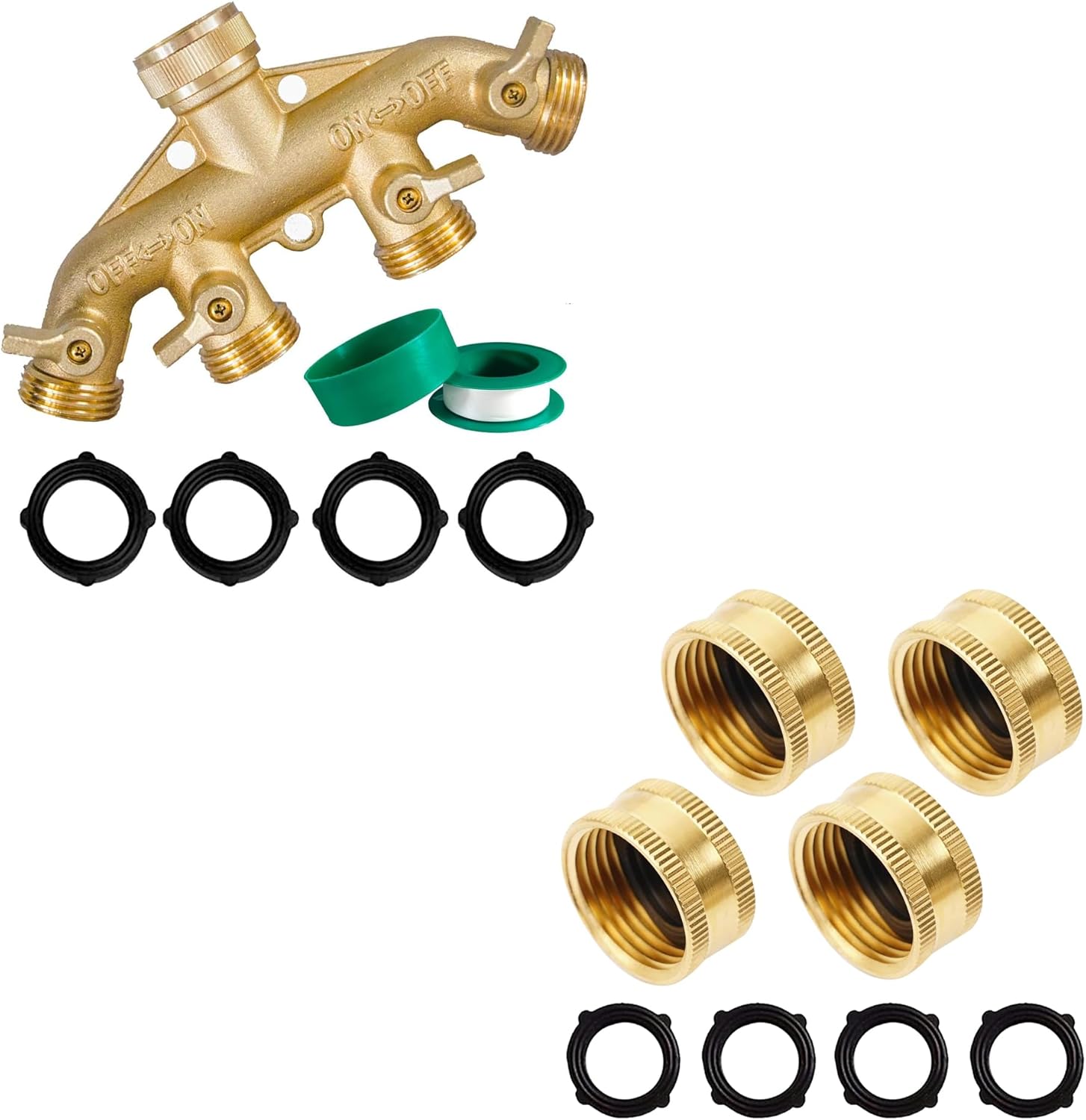 Brass Garden Hose Splitter (4 Way) + Brass Garden Hose End Caps - Image 1