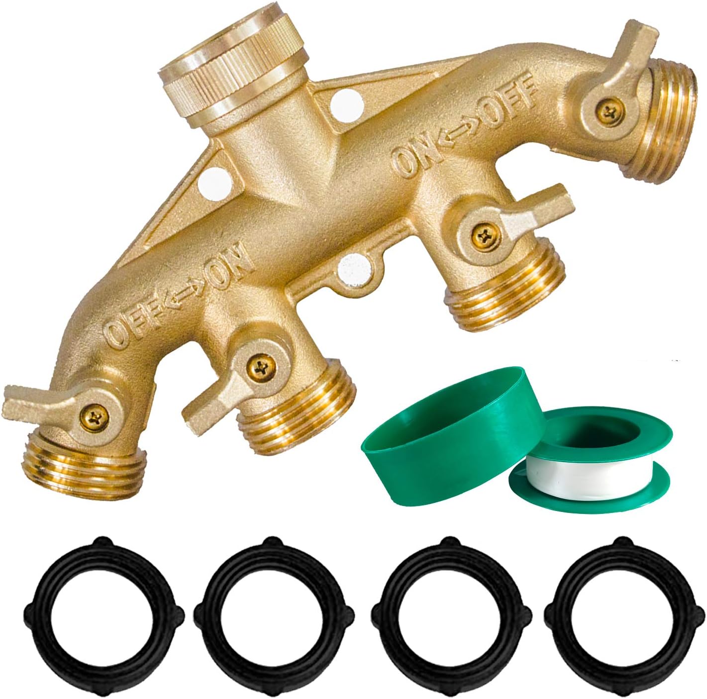 Brass Garden Hose Splitter (4 Way) + Brass Garden Hose End Caps - Image 2