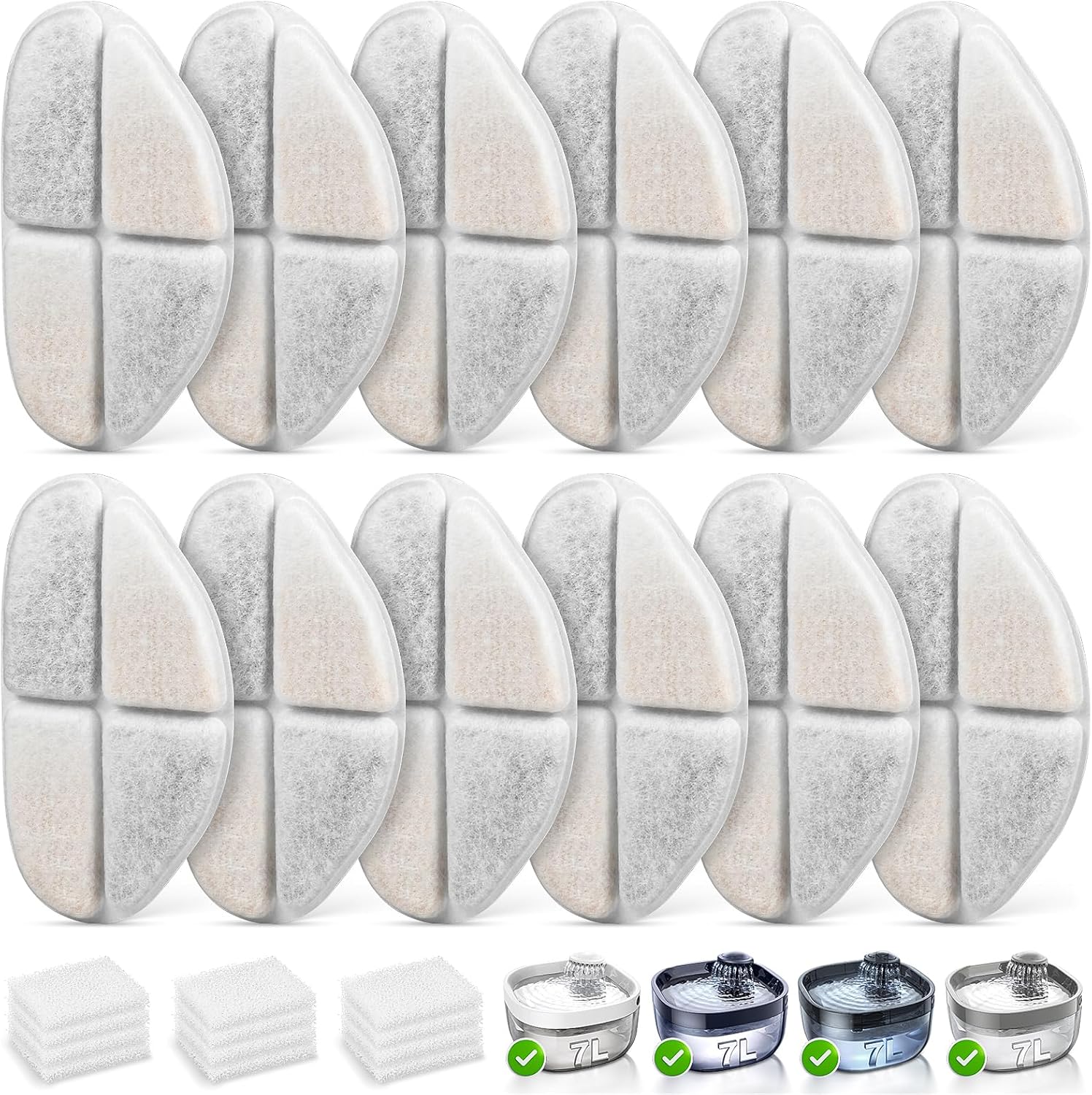 12 Packs Replacement Filters and 12 Packs Pump Sponges for FEELNEEDY 7L/1.8Gal Dog Water Fountain (FN-W05) - Image 1