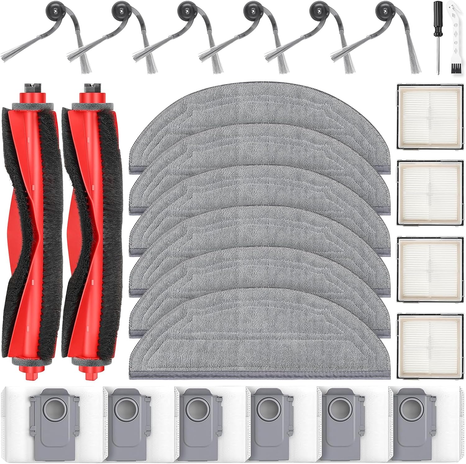 26 Pcs Replacement Kit for Q10 S5+ Robot Vacuum, 2 Main Brush, 4 HEPA Filter, 6 Mop Pads, 6 Side Brush, 6 Dust Bag,1 Cleaning Brush and 1 Screwdriver - Image 1