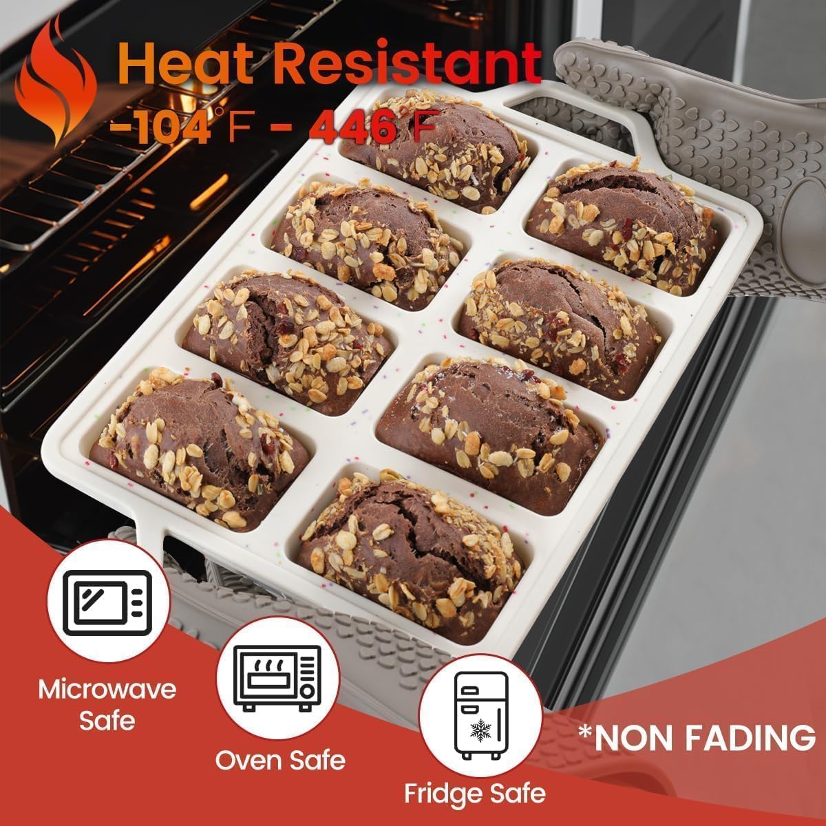 Mini Loaf Pans, Metal Reinforced Frame Silicone Bread Loaf Pans 8 Cavities Nonstick for Baking Cornbread, Mini Bread, Brownie, Cheesecake, Chocolate 2 Pack Confetti - Image 7