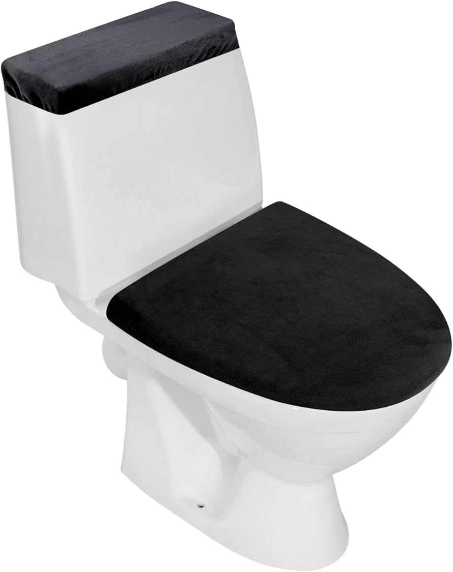 Stretch Velvet Toilet Lid Cover and Toilet Tank Lid Cover, Bathroom Super Soft Toilet Lid Cover Set Luxury Velvet Plush, with Elastic Bottom, Machine Wash, Black - Image 1