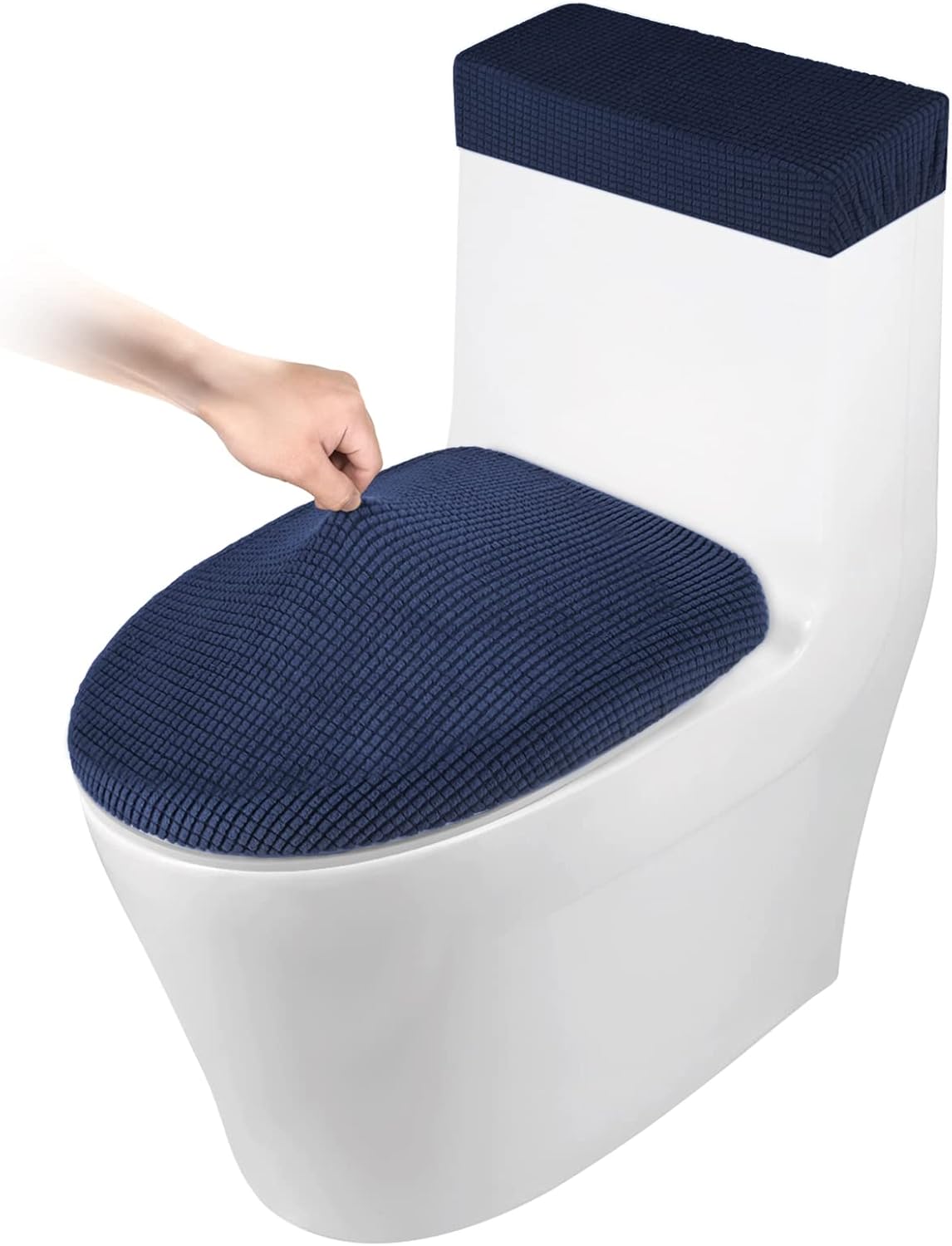Toilet Lid Cover and Toilet Tank Cover Stretch Toilet Covers Set for Bathroom, Polyester Spandex Jacquard Fabric, Machine Washable, with Elastic Bottom, Navy Blue - Image 1