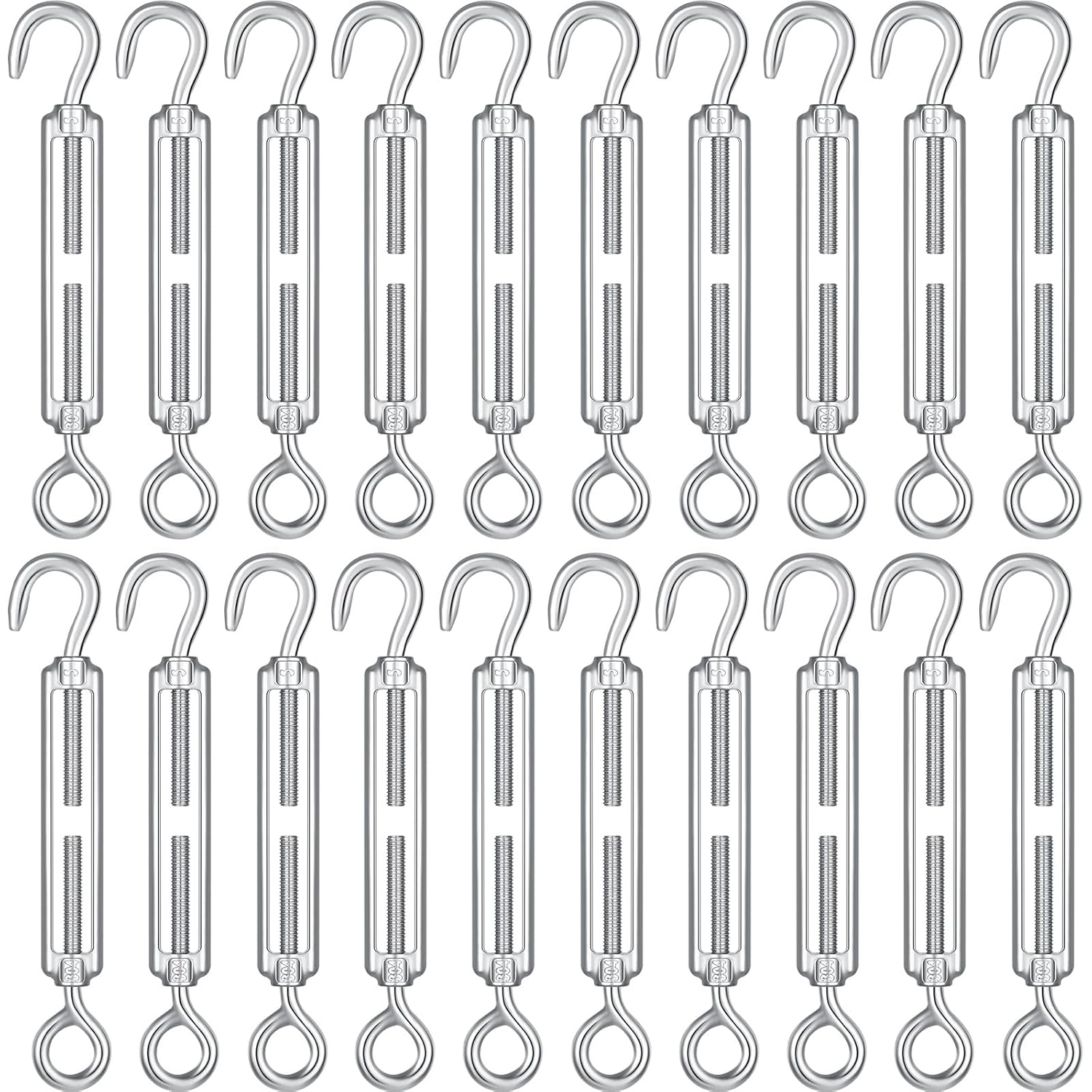 20 Pcs Hook and Eye Turnbuckle M5 Stainless Steel Turnbuckle, Metal Rope Tightener Cable Tensioner Turn Buckles for Garden Fence Gate Tent Wire Shade Sail Installation DIY Light String Hanging - Image 1