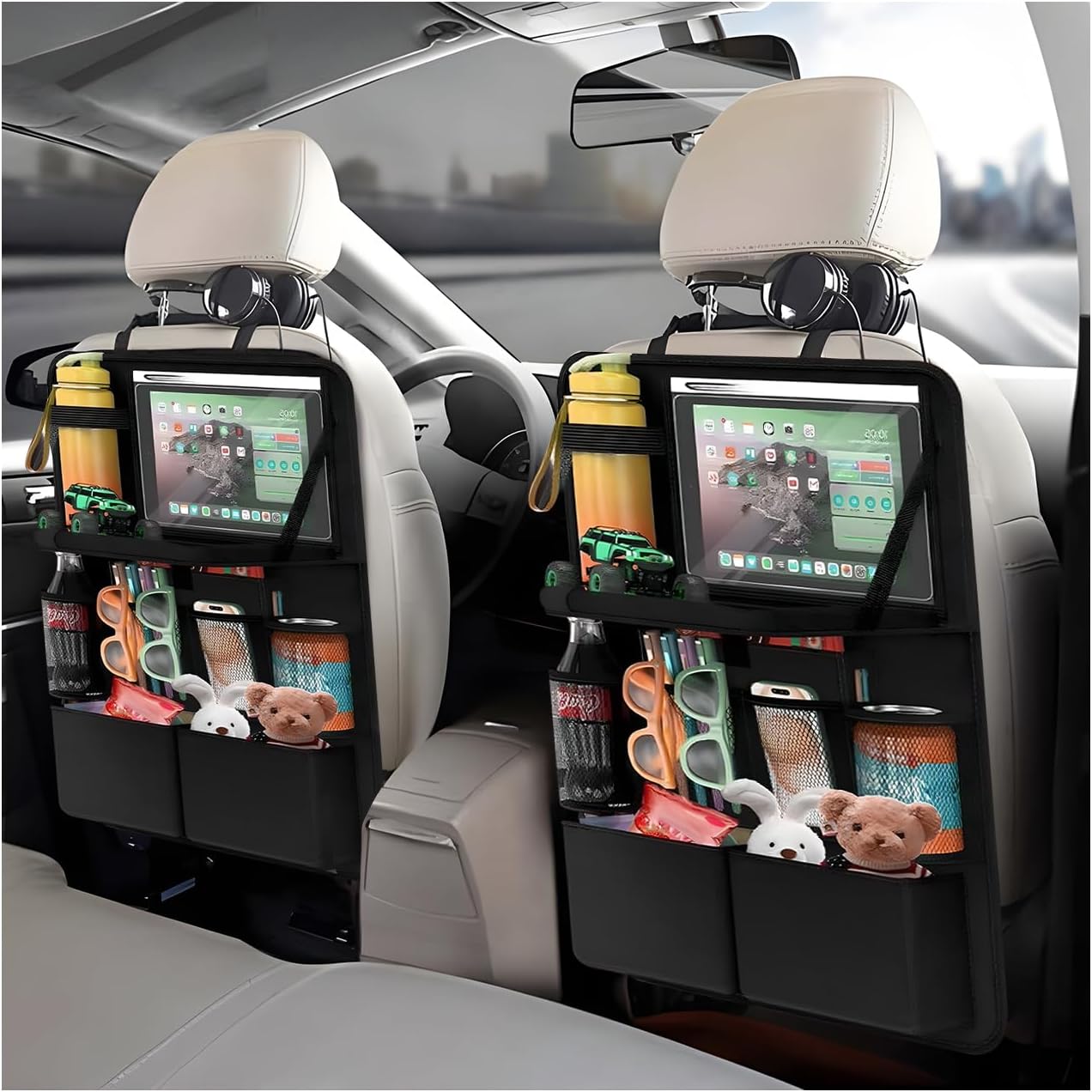 2 PCS Car Backseat Organizer with Tray, Waterproof Back Seat Protector with Touch Screen Tablet Holder, 11 Storage Pockets Anti-Scratch Kick Mat Universal for Family Road Trips - Image 1