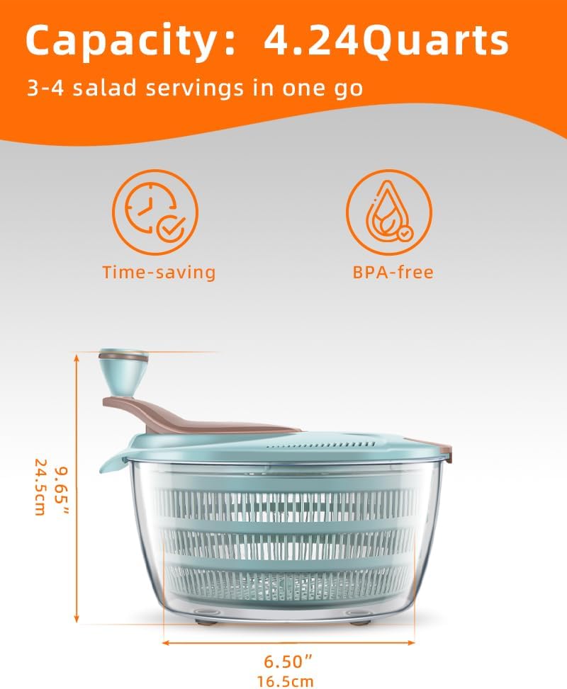 Salad Spinner, 4.24 Quart Lettuce Spinner with Double Drainage Holes, Salad Dryer for Washing, Spinning, and Draining Greens, Fruits, and Vegetables - Image 5