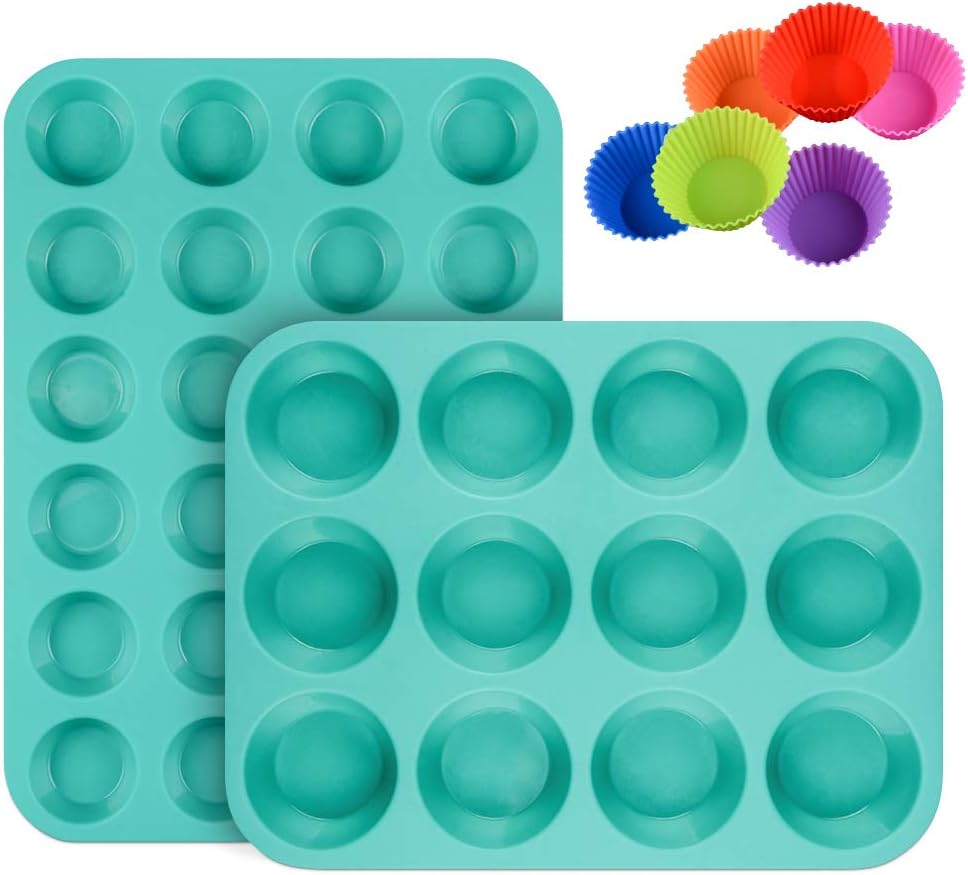 Silicone Muffin Pan Cupcake Pan Set - Mini 24 Cups and Regular 12 Cups Muffin Tin, Nonstick Food Grade Molds with 12 Baking Cups - Image 1
