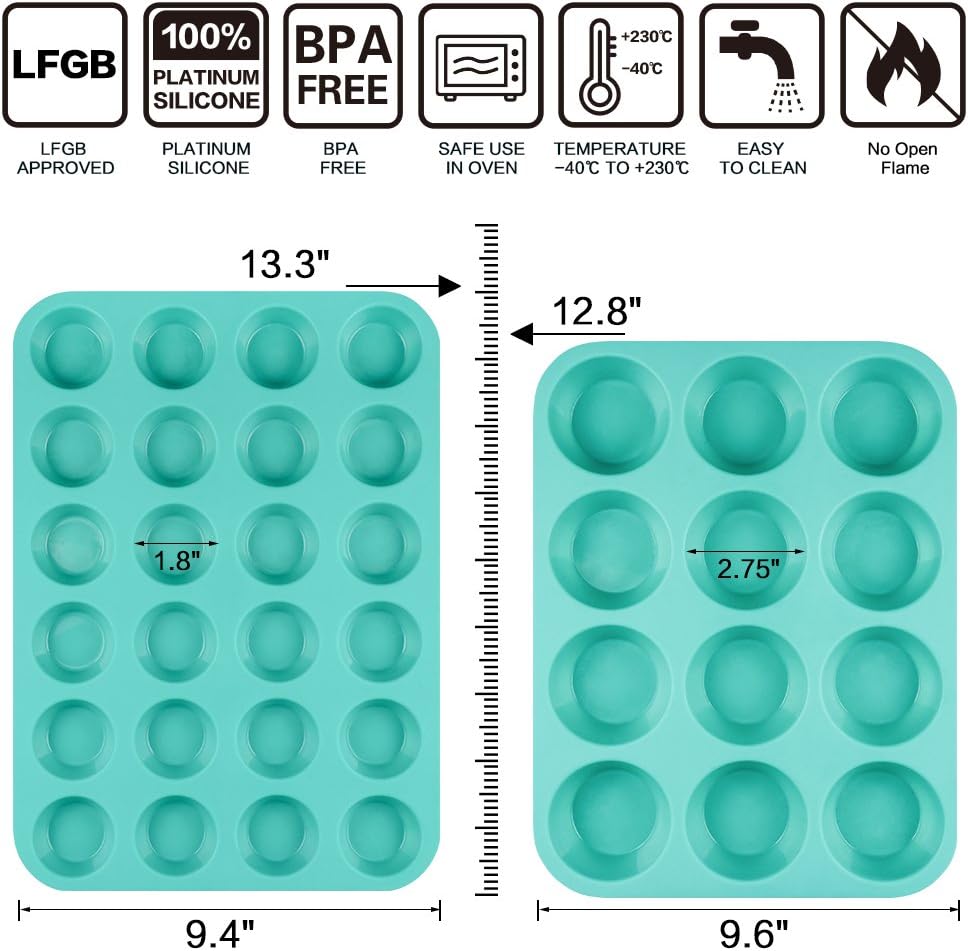 Silicone Muffin Pan Cupcake Pan Set - Mini 24 Cups and Regular 12 Cups Muffin Tin, Nonstick Food Grade Molds with 12 Baking Cups - Image 3