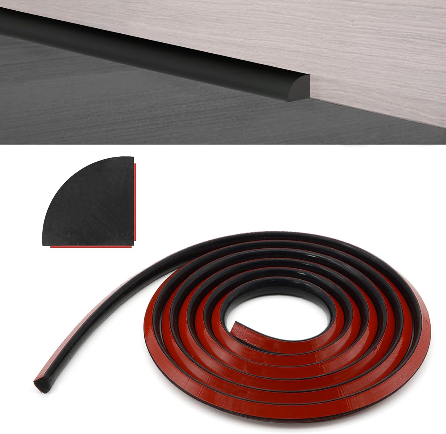 Silicone Flexible Quarter Round Molding, Self Adhesive Peel and Stick Waterproof Rubber Baseboard Trim, Bendable Trim for Floors, Cabinet Edges,Corner Caulk Strip (98Inch, Black) - Image 1