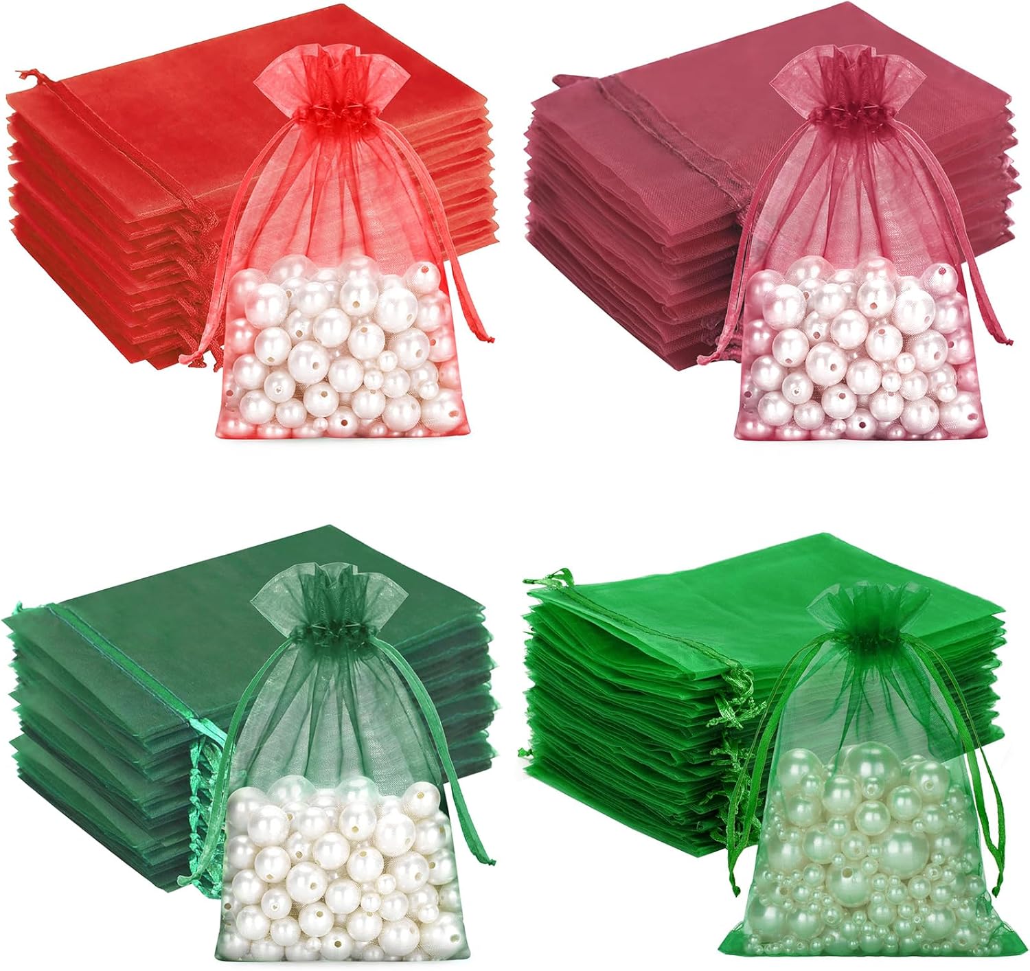100 PCS Christmas Organza Bags, Red Green Drawstring Organza Bags 5x7 inches, Sheer Mesh Pouches for Candy, Jewelry, Christmas, Wedding Party Favors - Image 1