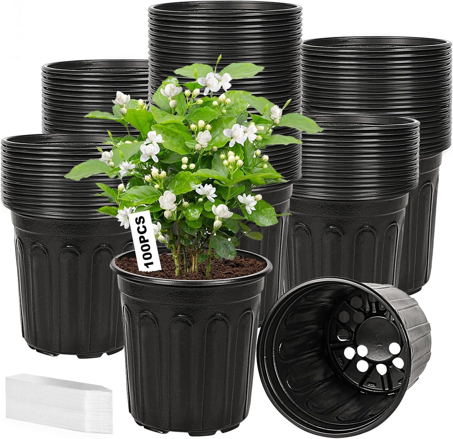 100-Pack 1 Gallon Nursery Pots, Thickened Pots for Plants with Drainage Holes, Large Plastic Flower Pots for Seedlings, Succulents, Transplanting, Come with 100pcs Plant Labels - Image 1