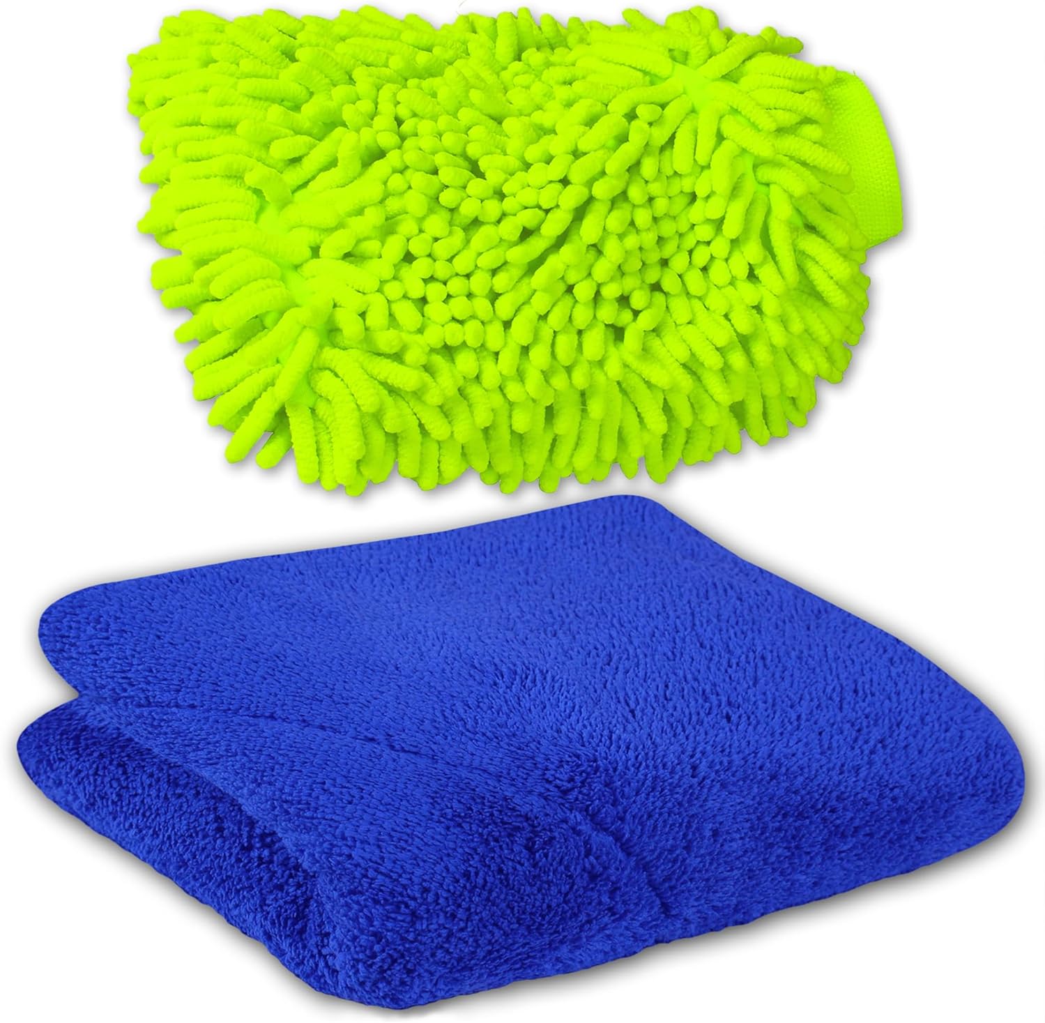 Microfiber Fingers Dusting & Cleaning Mitt and Large Towel Set, Machine Washable, Highly Absorbent Car Detailing Cleaner for Drying, Washing and Wax Polishing (1 Green Mitt, 1 Blue Towel) - Image 1