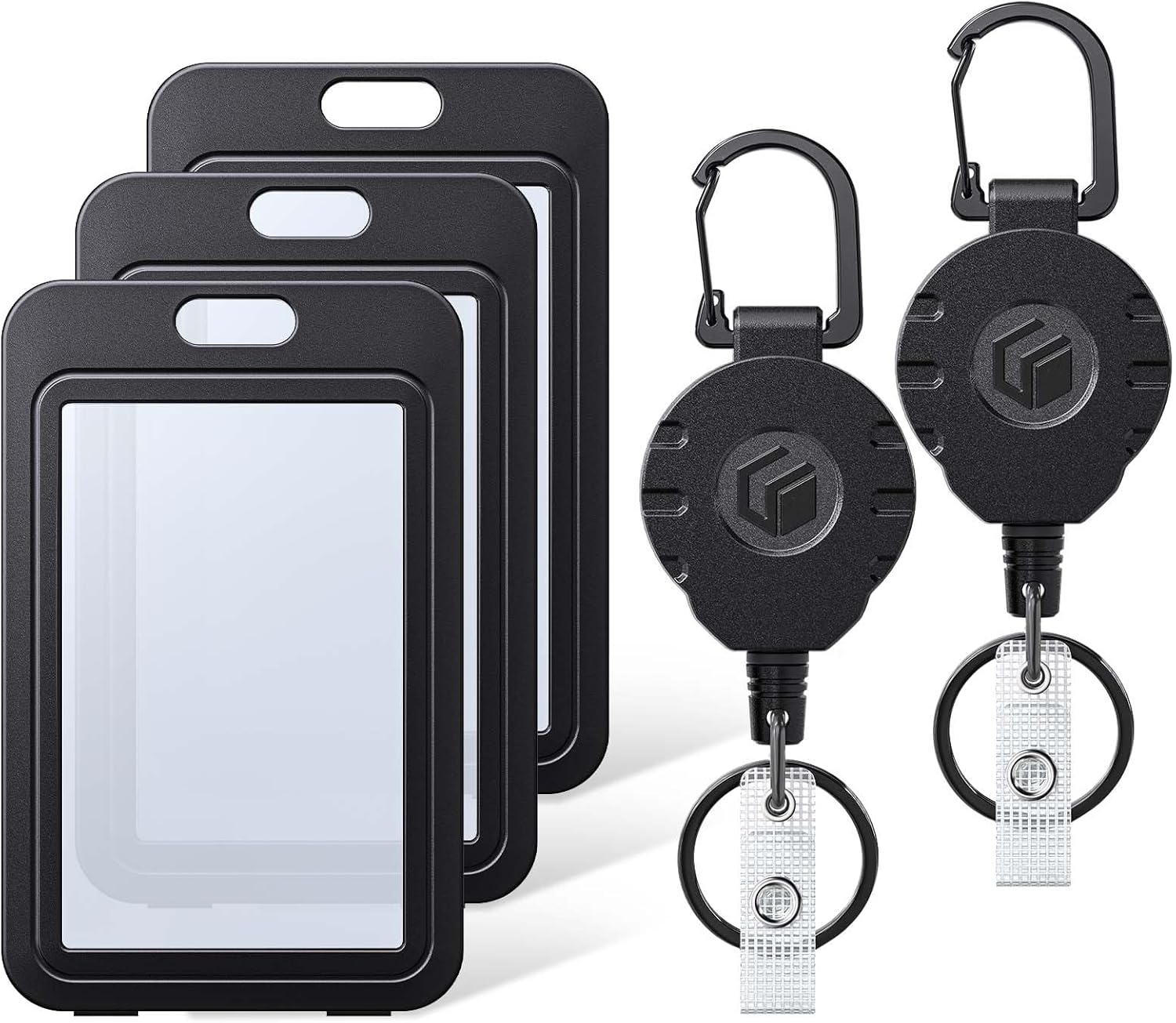 3 Pcs Badge Holder with Double-Sided Windows Vertical Plastic Case and 2 Pcs Retractable Keychain Badge Reel for up to 8 oz Card Protector for ID Credit Cards Driver’s Licenses and Passes - Image 1