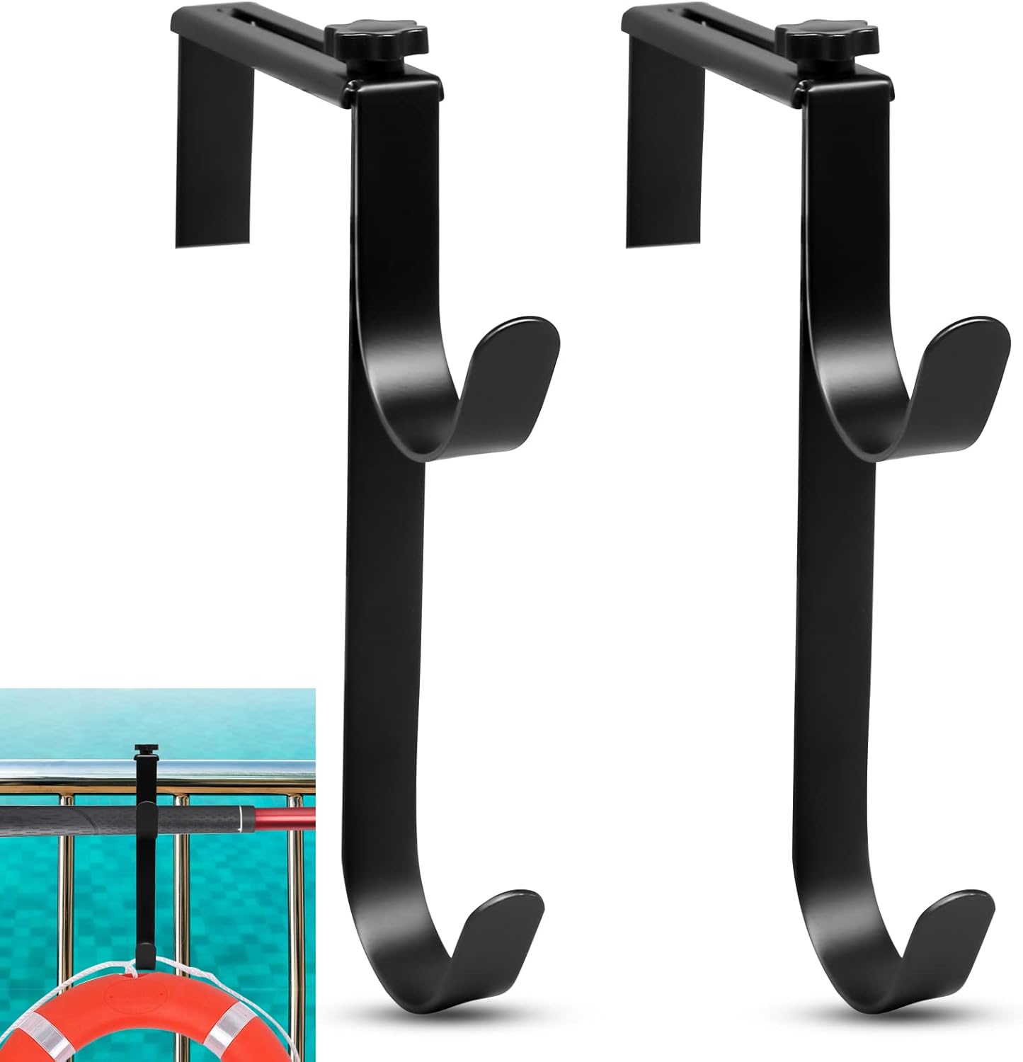 2Pcs Adjustable Pool Pole Hanger, Double Pool Hooks for Poles, Mental Pool Fence Hooks for Hanging Pool Equipment Hooks, Pool Pole Hooks for Pool Skimmer Pole Pool Hose, Wall Pool Tool Holder (Black) - Image 1