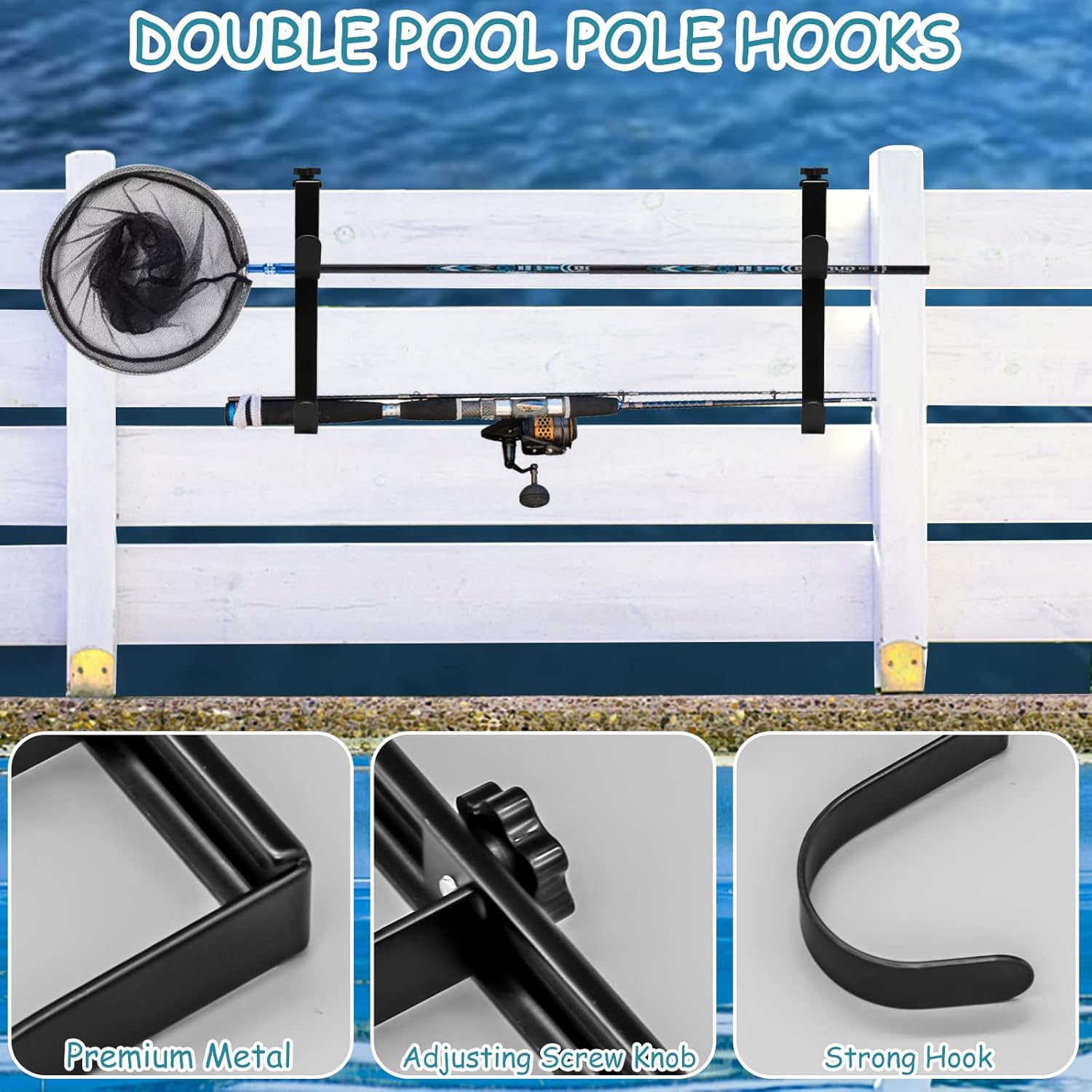 2Pcs Adjustable Pool Pole Hanger, Double Pool Hooks for Poles, Mental Pool Fence Hooks for Hanging Pool Equipment Hooks, Pool Pole Hooks for Pool Skimmer Pole Pool Hose, Wall Pool Tool Holder (Black) - Image 3