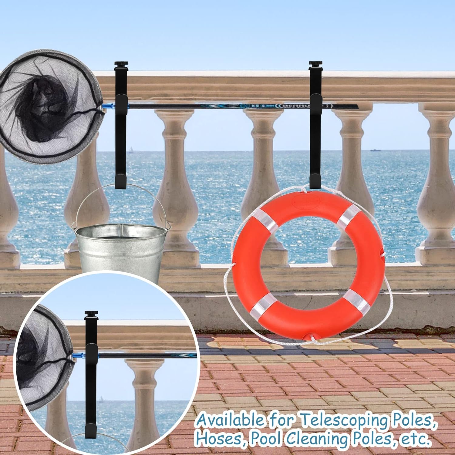 2Pcs Adjustable Pool Pole Hanger, Double Pool Hooks for Poles, Mental Pool Fence Hooks for Hanging Pool Equipment Hooks, Pool Pole Hooks for Pool Skimmer Pole Pool Hose, Wall Pool Tool Holder (Black) - Image 5