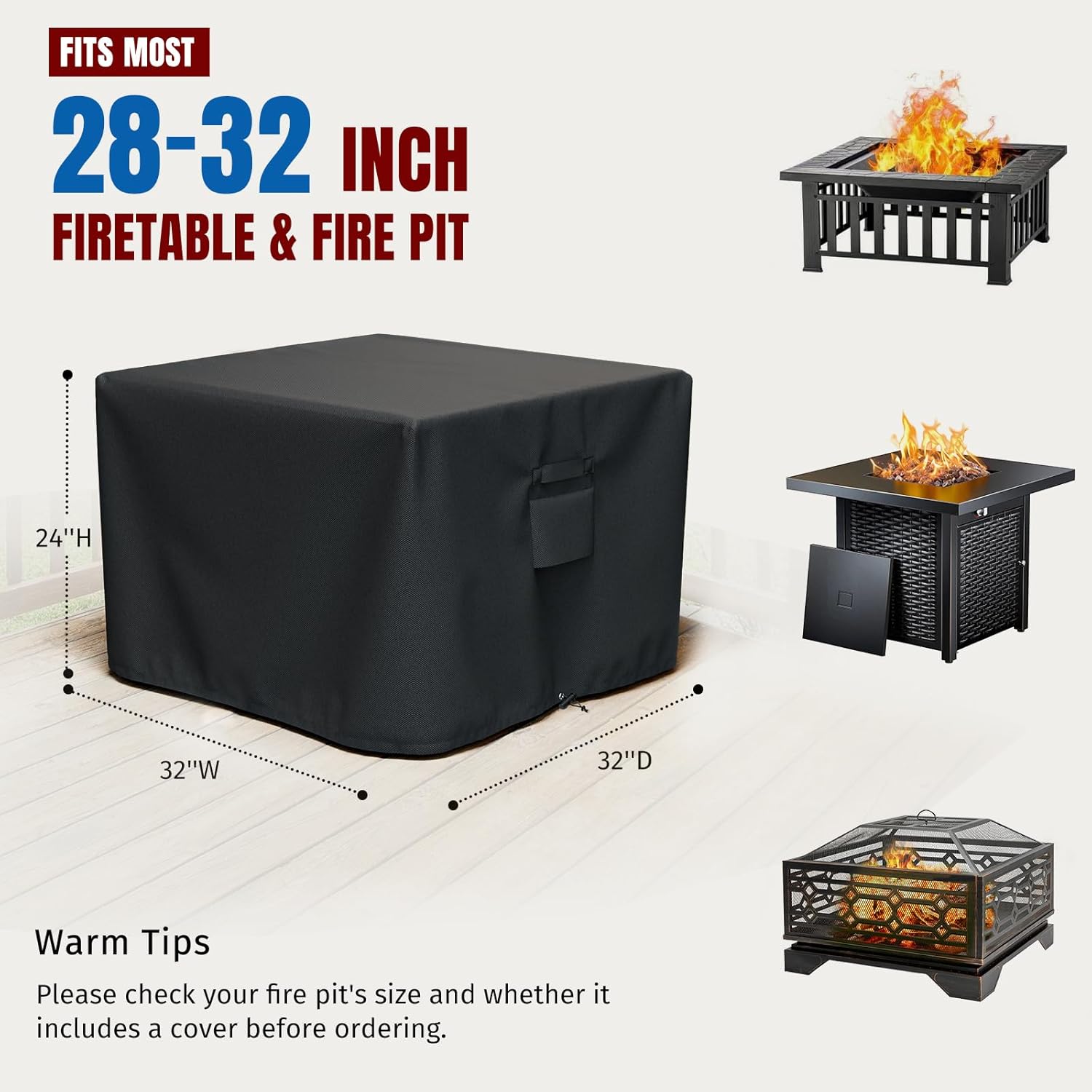 Square Fire Pit Cover, Fits for 28-32 Inch Fire Pit Table, Waterproof and Windproof, 32 x 32 x 24 Inches, Black - Image 3