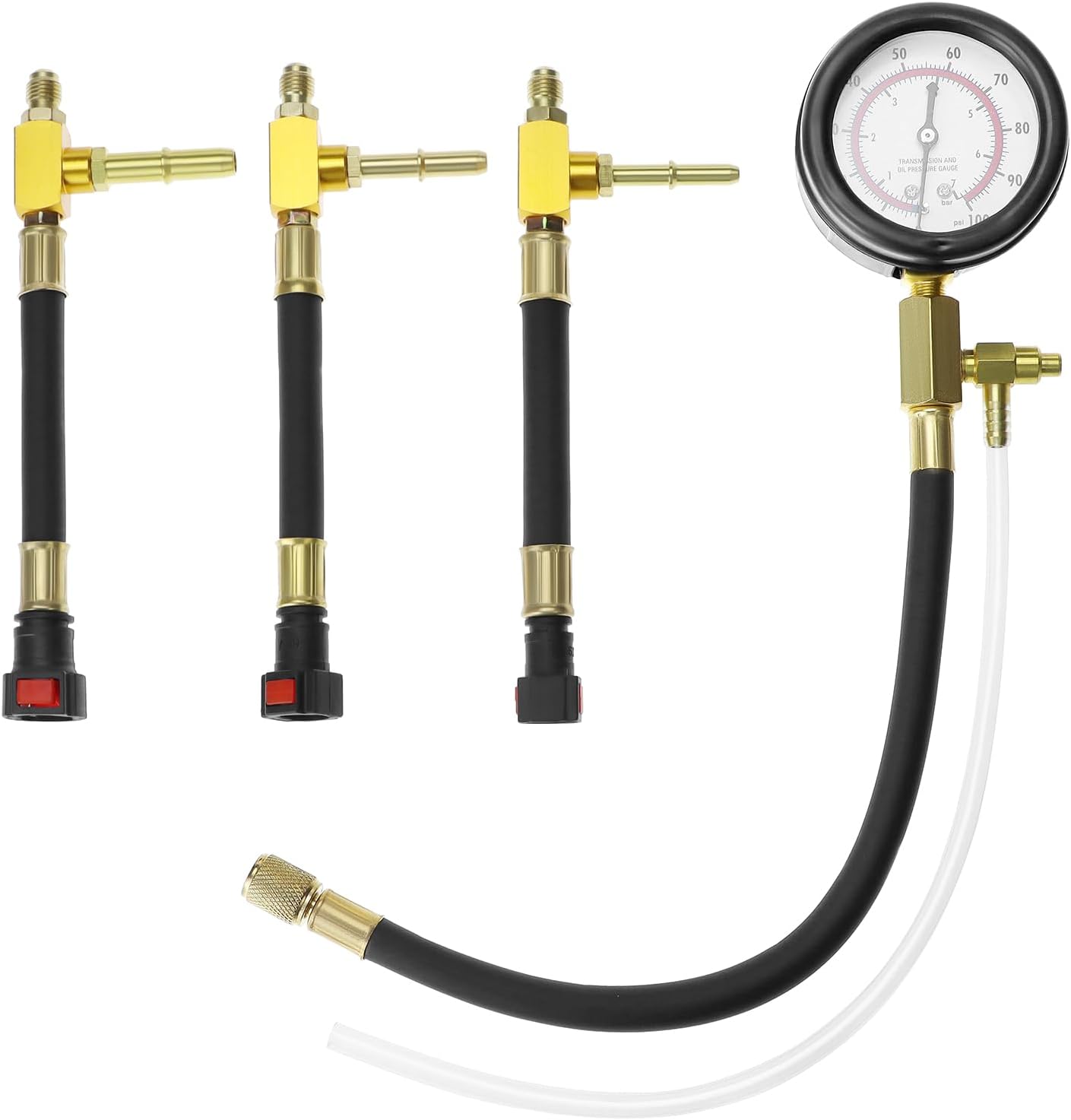 Universal Fuel Pressure Test Kit, Dual Scale Gauge (0-7 bar/0-100 psi) with Multiple Adapter Sizes, Brass Connectors - Image 1