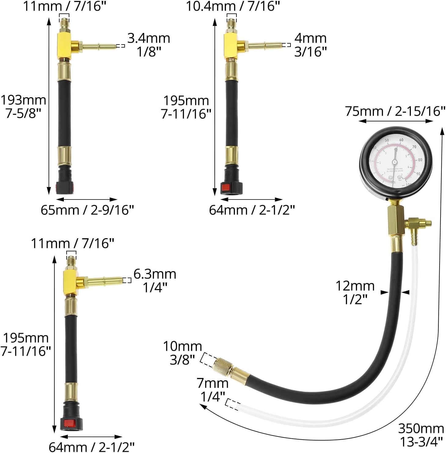 Universal Fuel Pressure Test Kit, Dual Scale Gauge (0-7 bar/0-100 psi) with Multiple Adapter Sizes, Brass Connectors - Image 6
