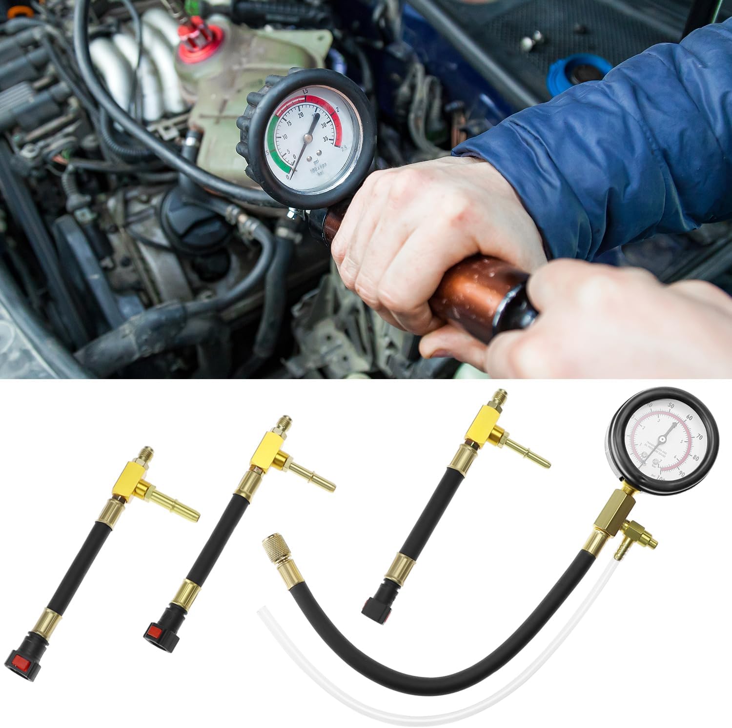 Universal Fuel Pressure Test Kit, Dual Scale Gauge (0-7 bar/0-100 psi) with Multiple Adapter Sizes, Brass Connectors - Image 7