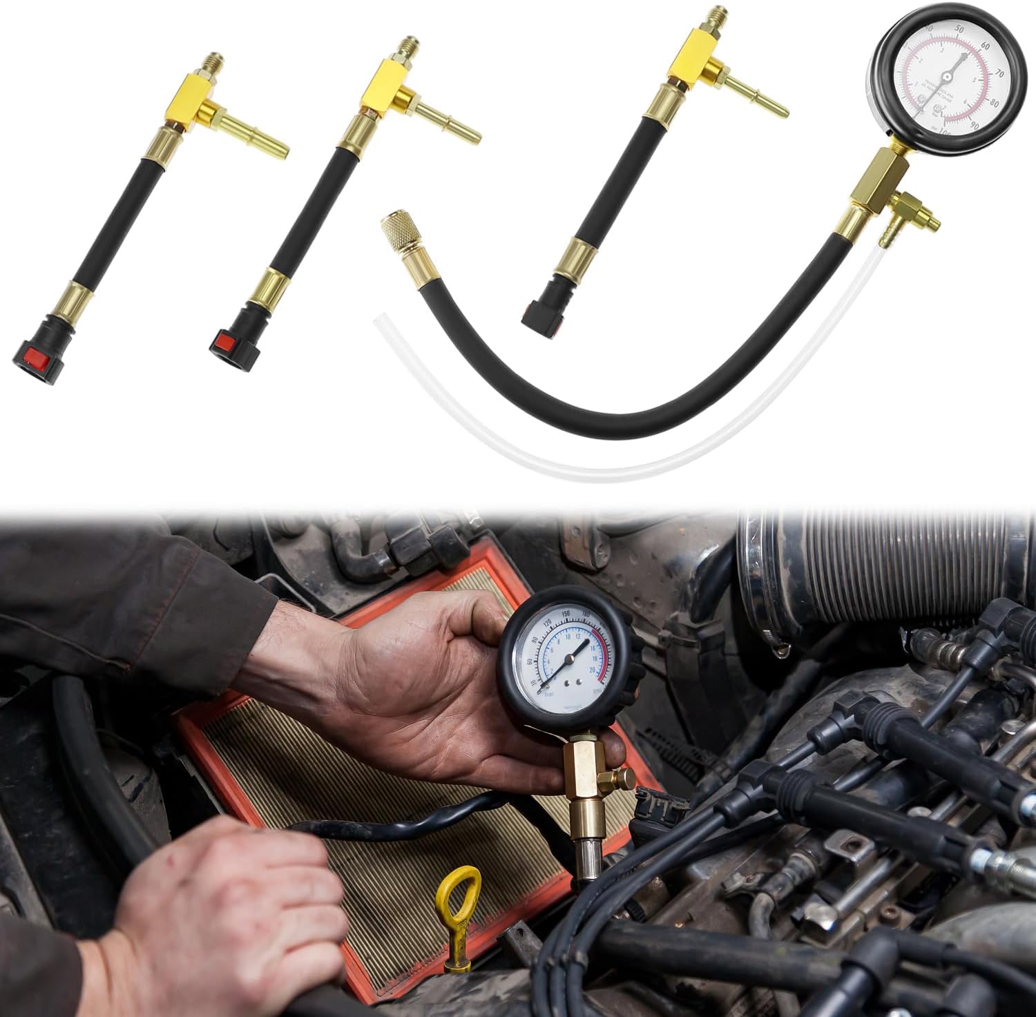 Universal Fuel Pressure Test Kit, Dual Scale Gauge (0-7 bar/0-100 psi) with Multiple Adapter Sizes, Brass Connectors - Image 8