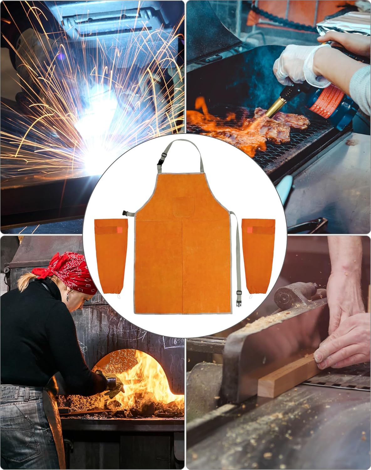 Welding Apron& Sleeves, Welding Work Protectors Set, Heat and Flame Resistant Leather Work Shop, Blacksmith Protective or Safety Clothing, Welders, Fireplace, Gardening, BBQ Apron, Bib Apron - Image 4