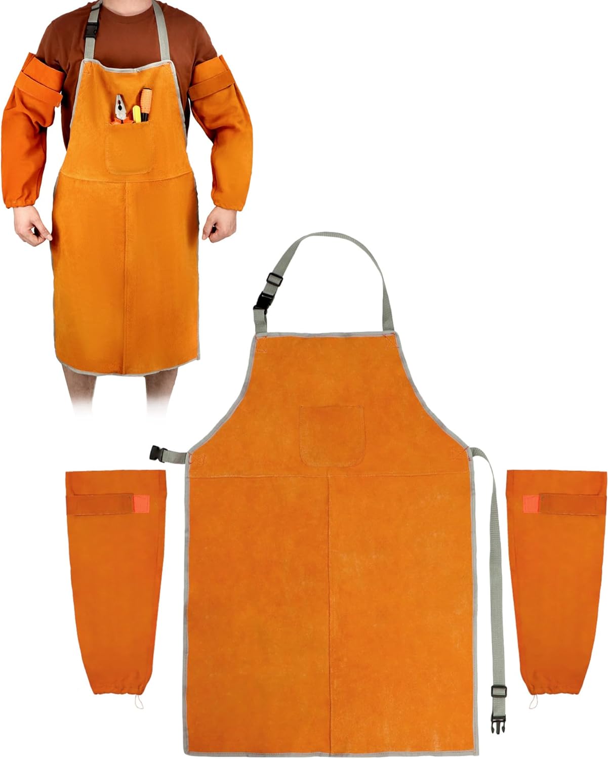 Welding Apron& Sleeves, Welding Work Protectors Set, Heat and Flame Resistant Leather Work Shop, Blacksmith Protective or Safety Clothing, Welders, Fireplace, Gardening, BBQ Apron, Bib Apron - Image 8
