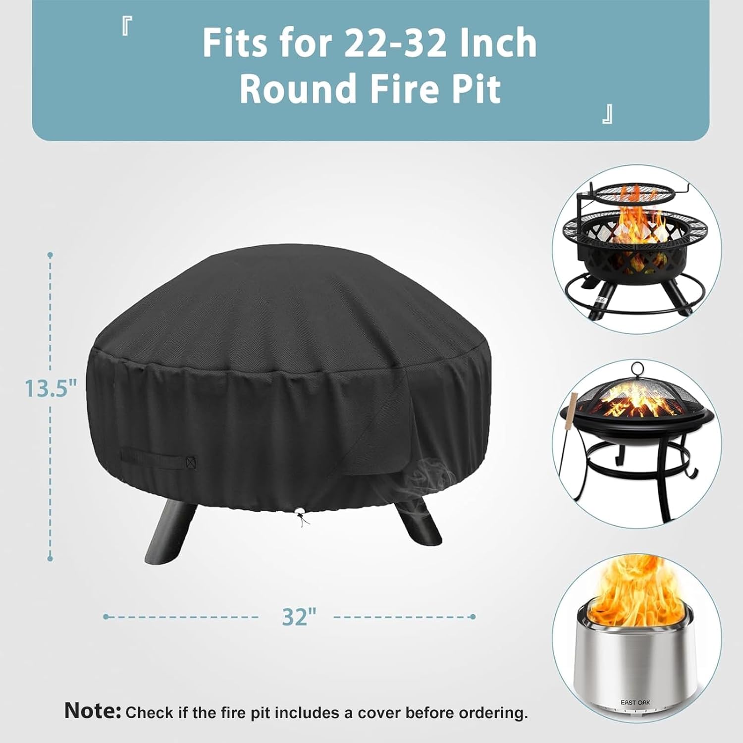 Round Fire Pit Cover for 22-32 Inch Fire Pit - Waterproof and Windproof, with Straps and Built-in Vents, 32 Dia x 13.5 H, Black - Image 2