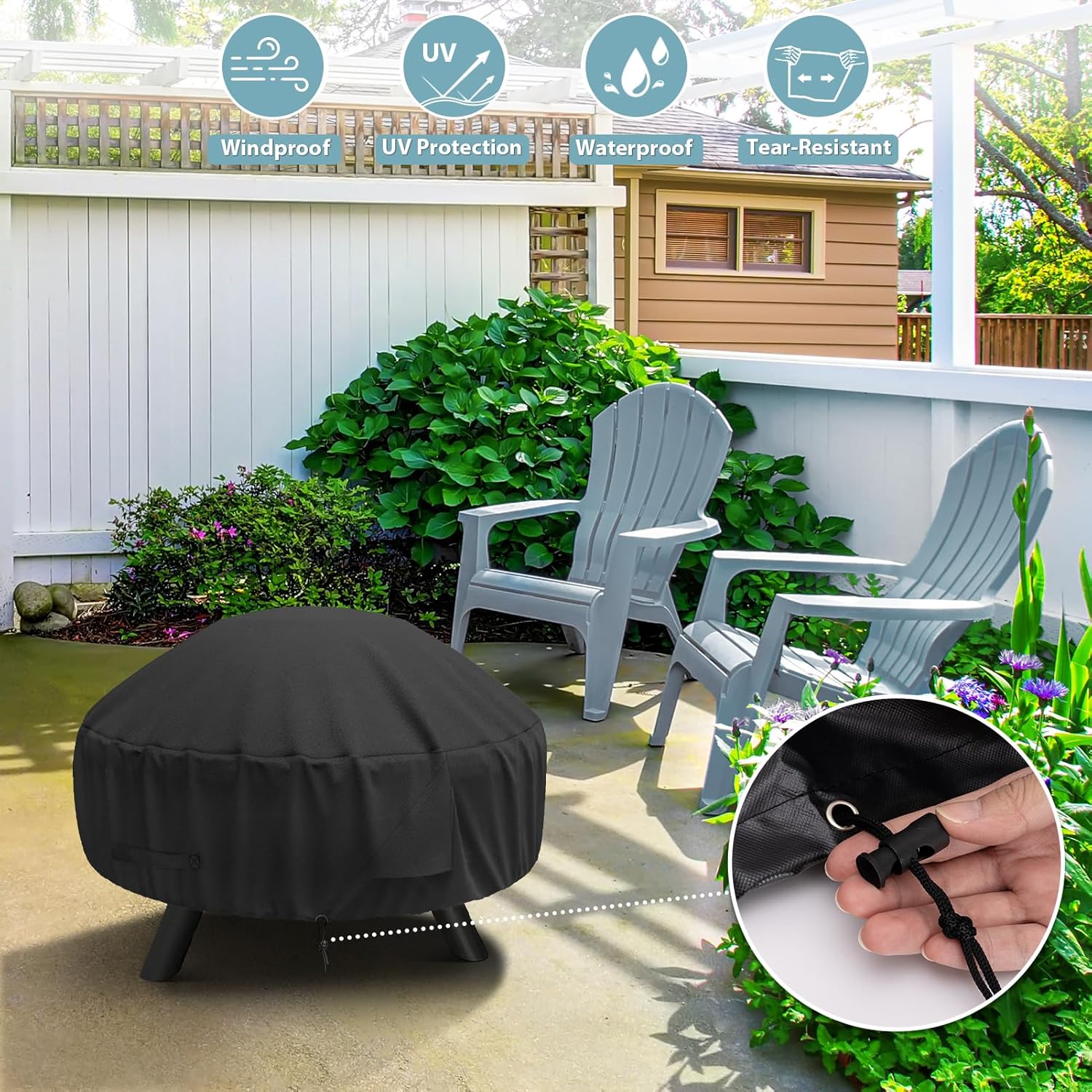 Round Fire Pit Cover for 22-32 Inch Fire Pit - Waterproof and Windproof, with Straps and Built-in Vents, 32 Dia x 13.5 H, Black - Image 5