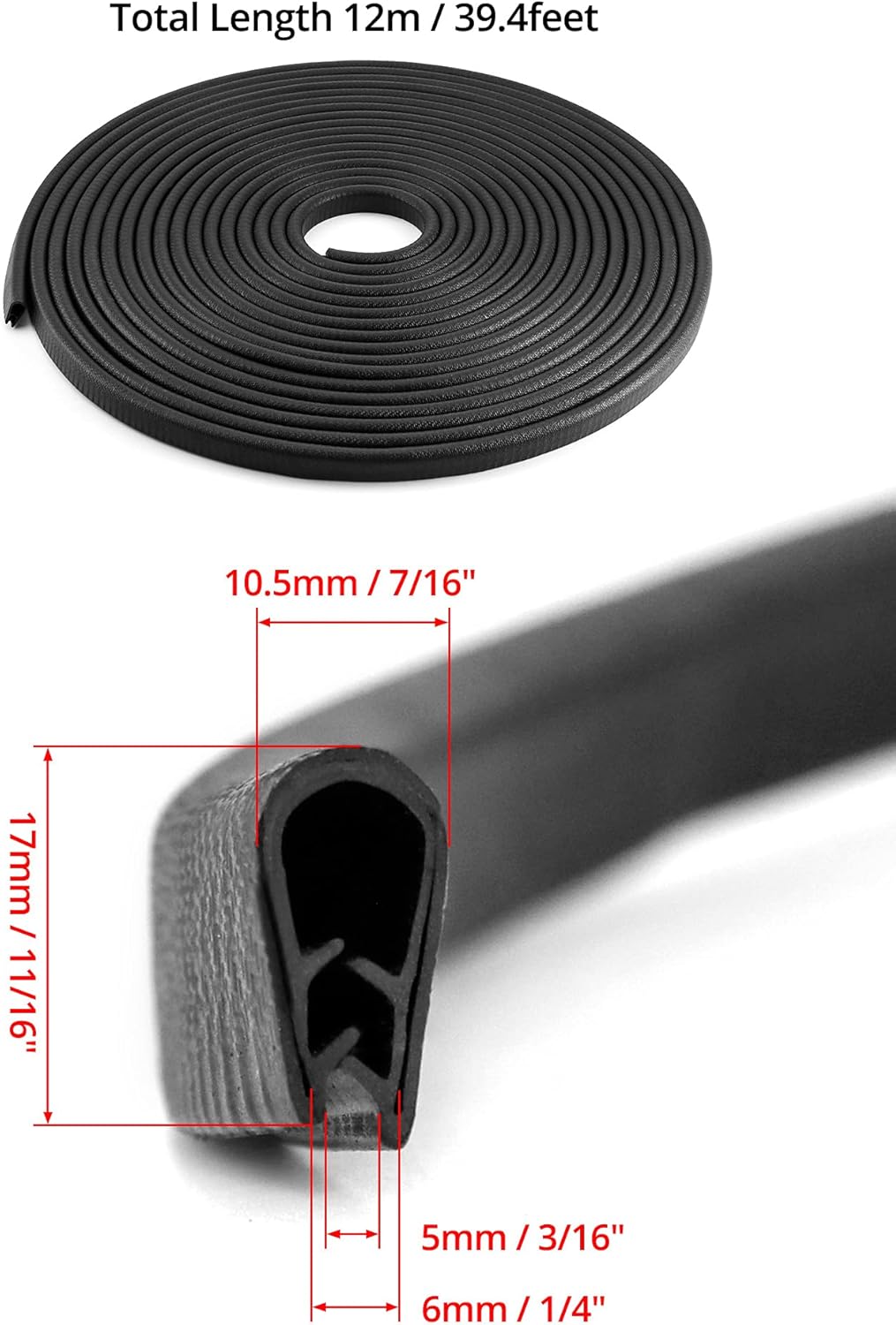 Seal Strip, 40 Feet Edge Trim, EDPM Rubber Seal Trim for Cars, Boats, Trucks, RVs, Fits Edge 1/16