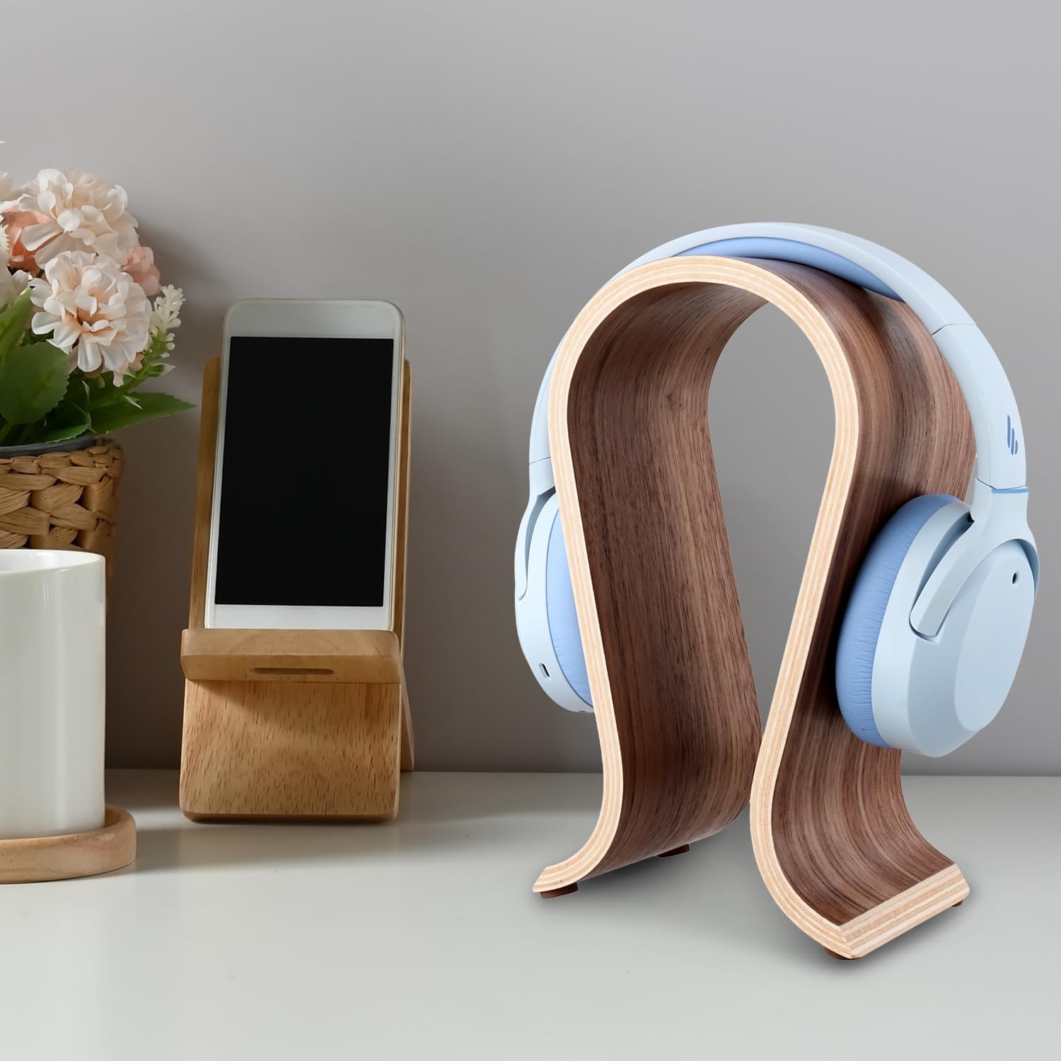 Wood Headphone Stand - Headset Holder, Arch Bridge Design - Universal Compatibility, Ear Headphones Hanger Holder, Stylish Desk Headset Holder for Headphones, Cables, Game Pads, QS32269 - Image 5