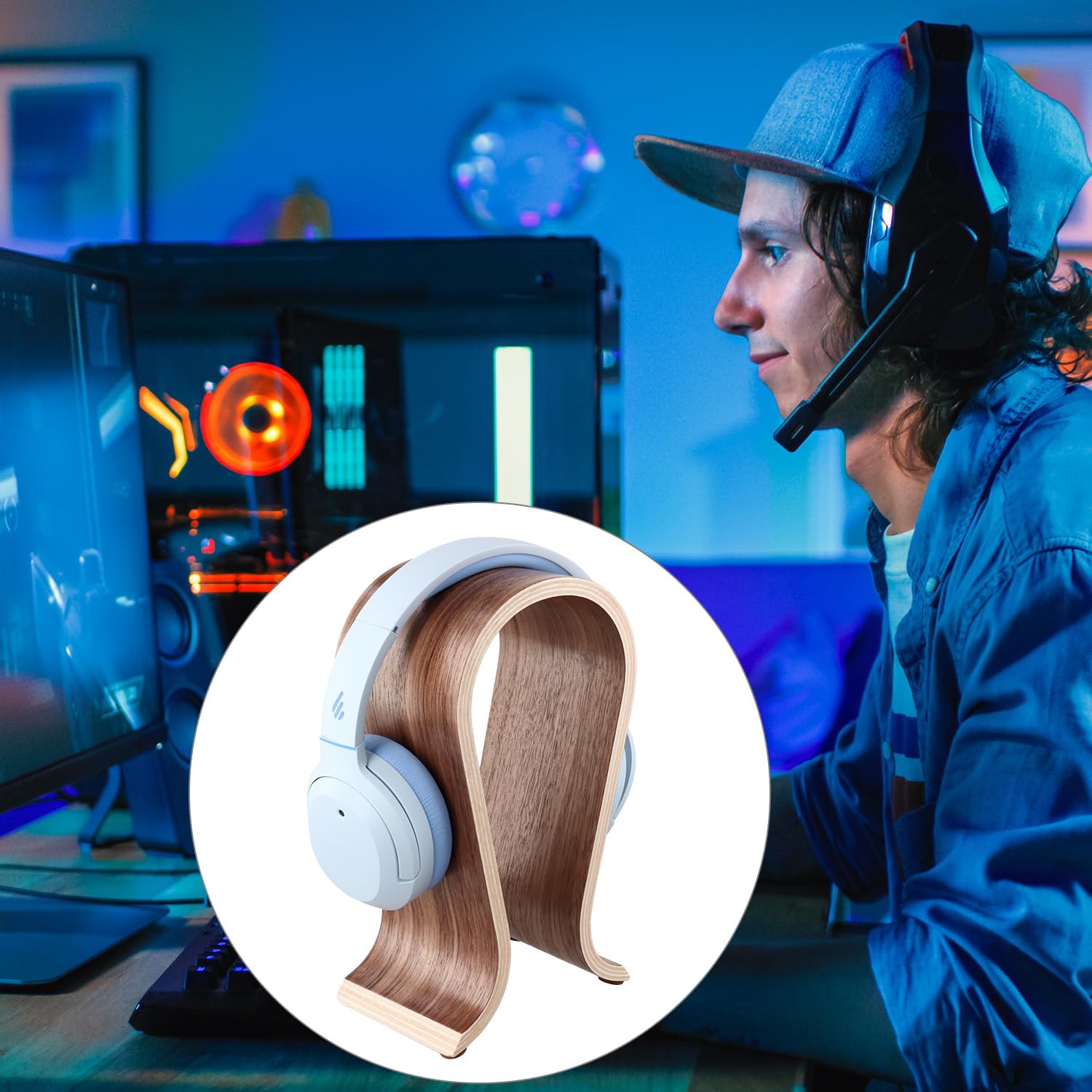 Wood Headphone Stand - Headset Holder, Arch Bridge Design - Universal Compatibility, Ear Headphones Hanger Holder, Stylish Desk Headset Holder for Headphones, Cables, Game Pads, QS32269 - Image 7