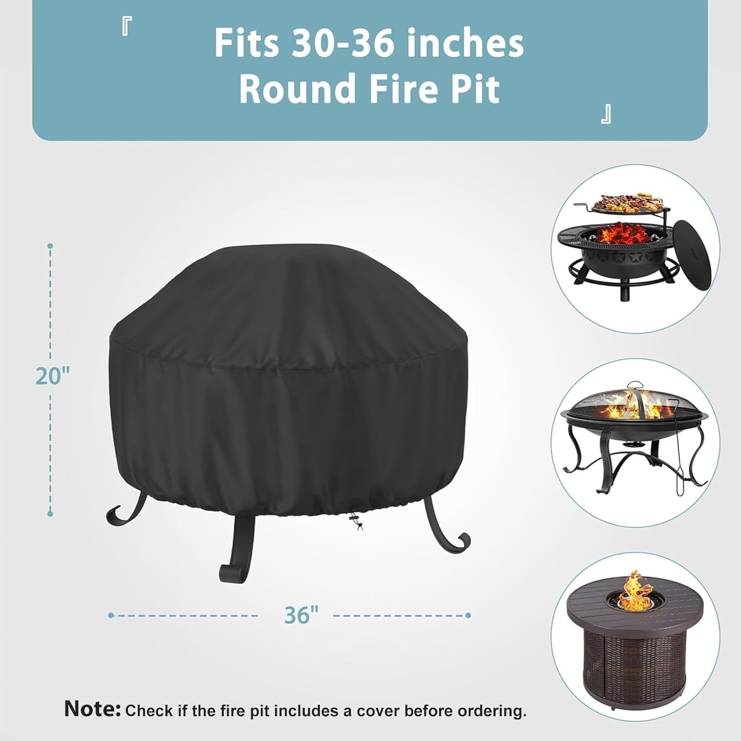 Fire Pit Cover Round 36 In, Outdoor Fire Pit Cover for 30-36 Inches Fire Pits, Windproof Drawstring & Waterproof Layer, Black - Image 2