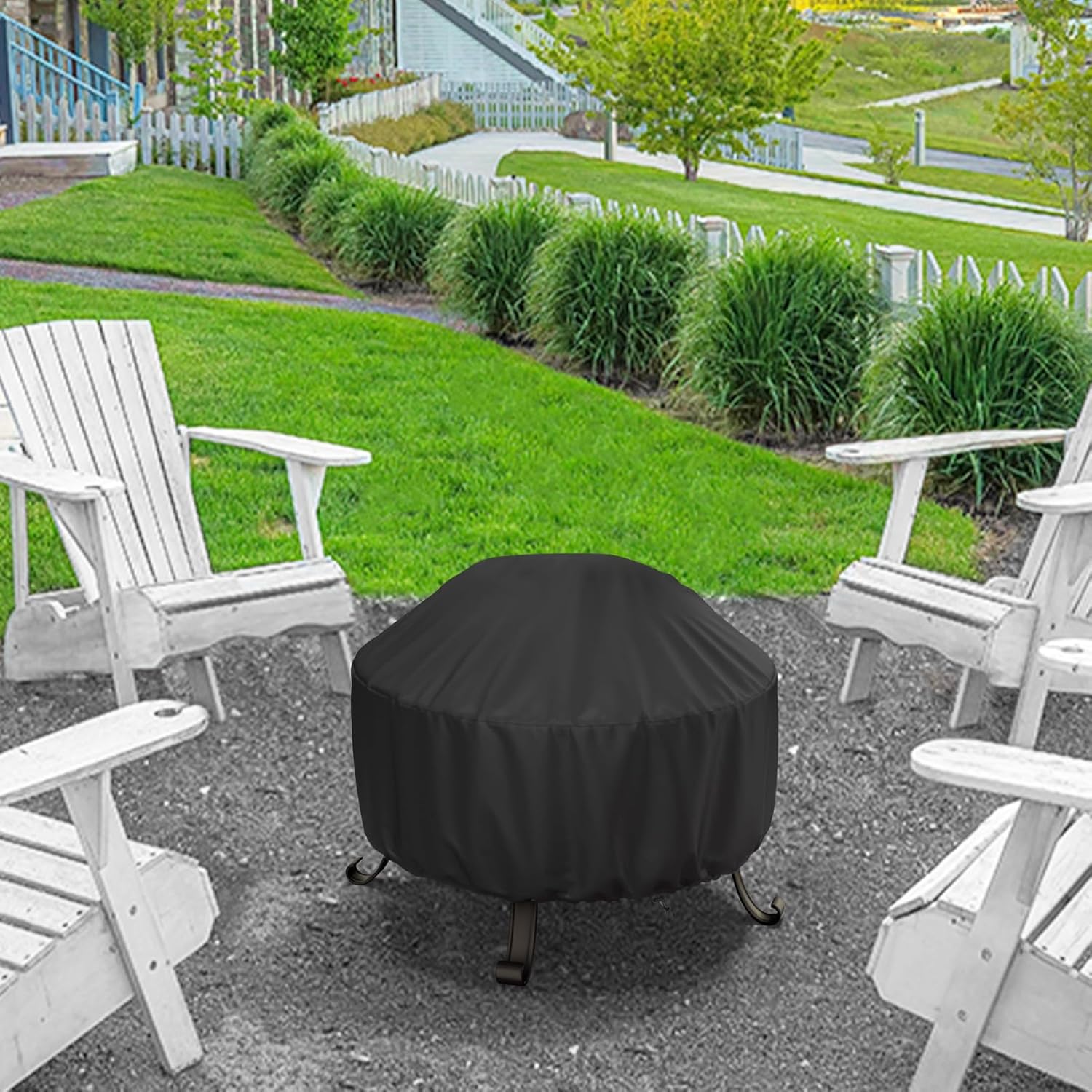 Fire Pit Cover Round 36 In, Outdoor Fire Pit Cover for 30-36 Inches Fire Pits, Windproof Drawstring & Waterproof Layer, Black - Image 6