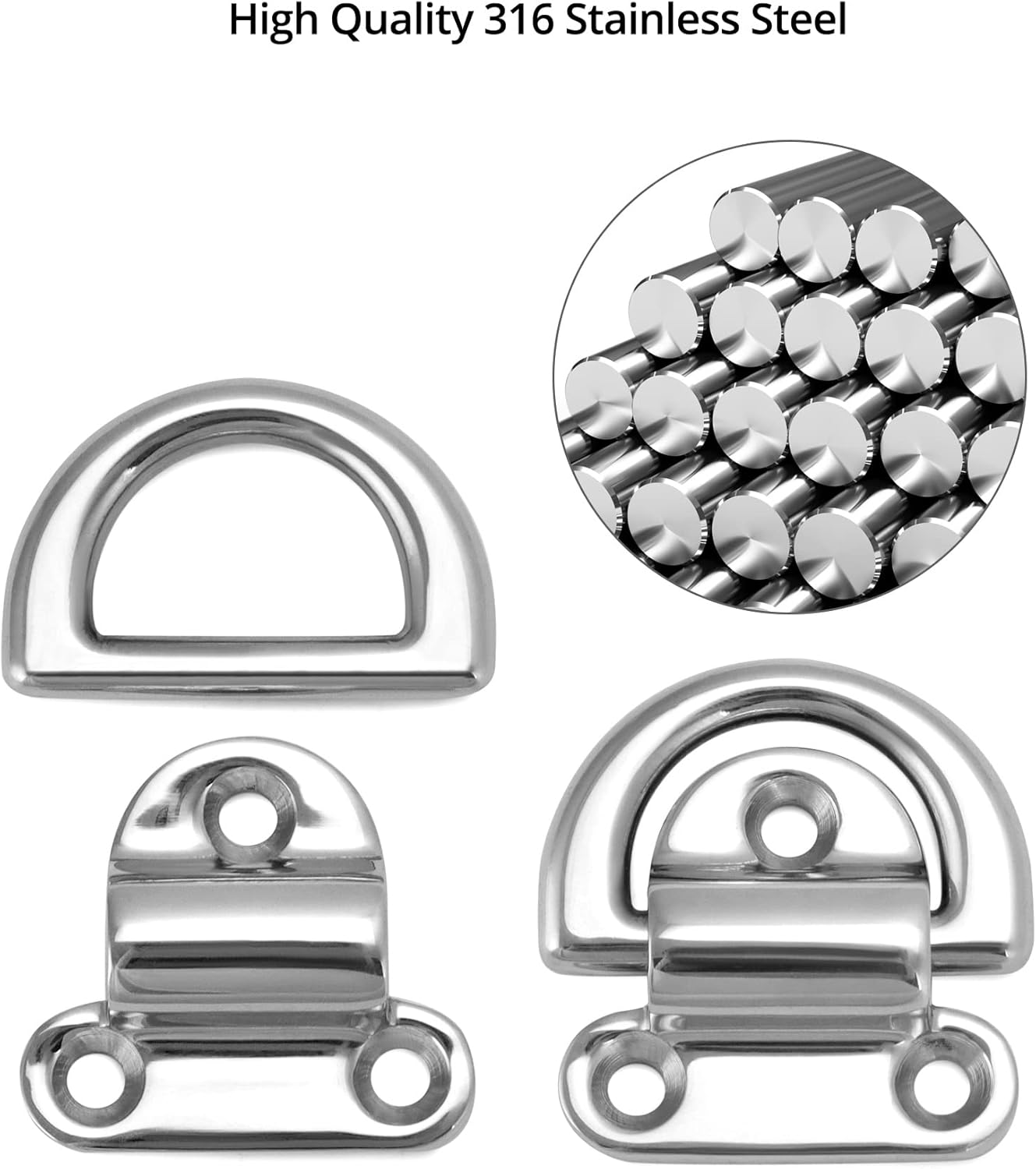 Marine Folding Pad Eye, 4 Pack Marine Grade Stainless Steel 316 D Ring Anchor, 44mm x 40mm Heavy Duty Desk Tie Down Anchor with Plate, for Marine Trailer Boats Truck - Image 2