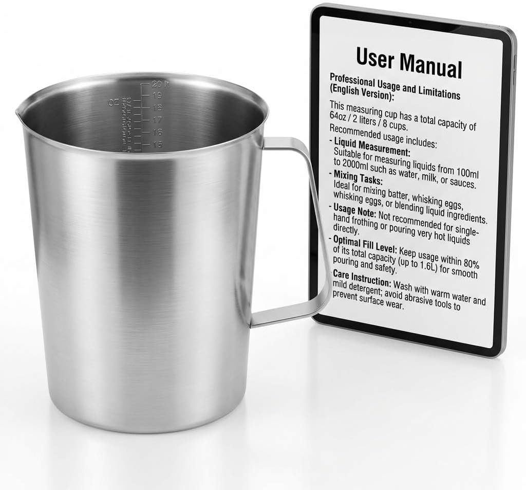 304 Stainless Steel Measuring Cup 64 OZ with OZ/ML Graduations, 8 Cup Kitchen Mixing Pitcher, Precision Engraved Markings, Container for Baking and Frothing, 2 Liter - Image 2